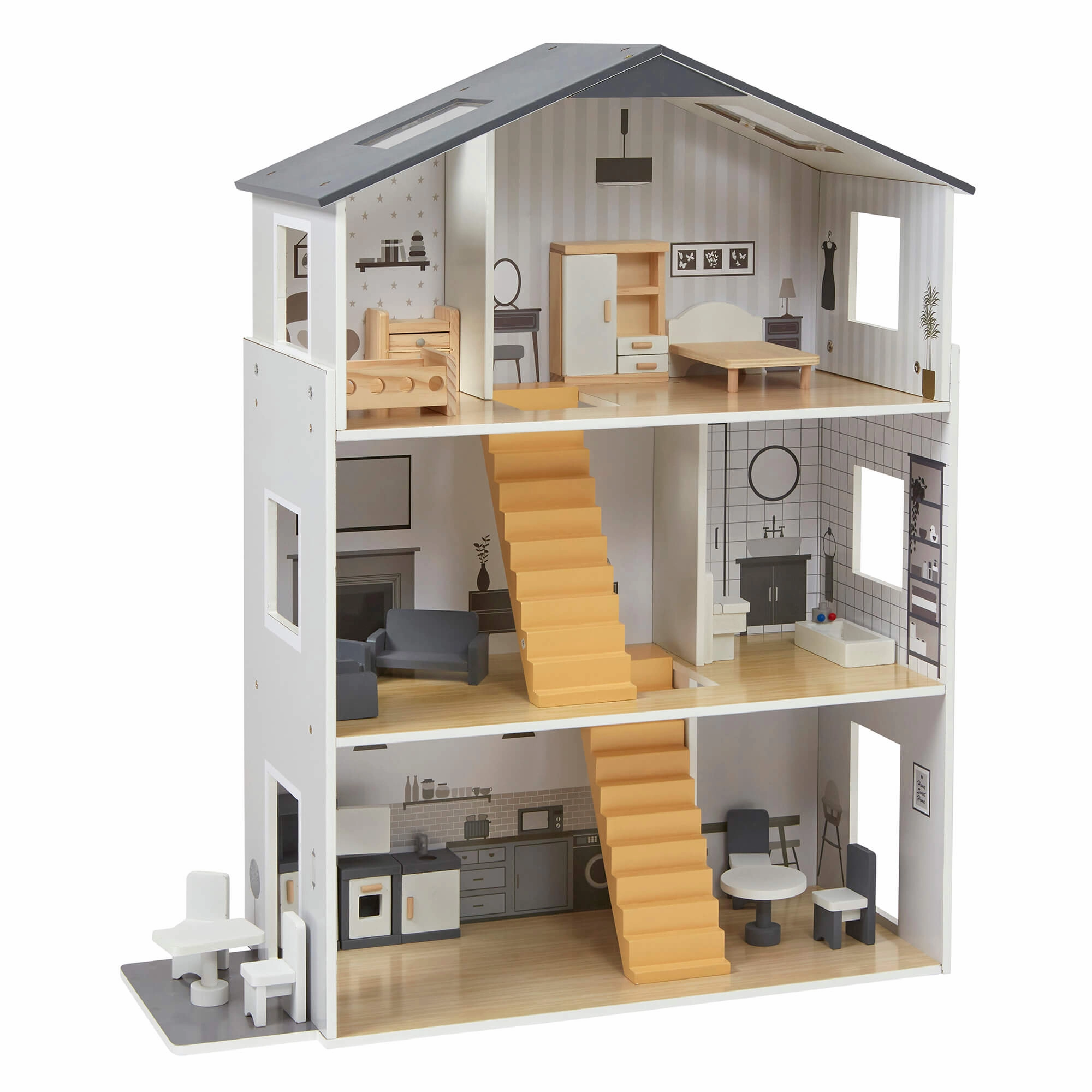 Large Montessori Detailed & Realistic Wooden Dolls House | 3 Storey Dollhouse | 18 Furniture Pieces
