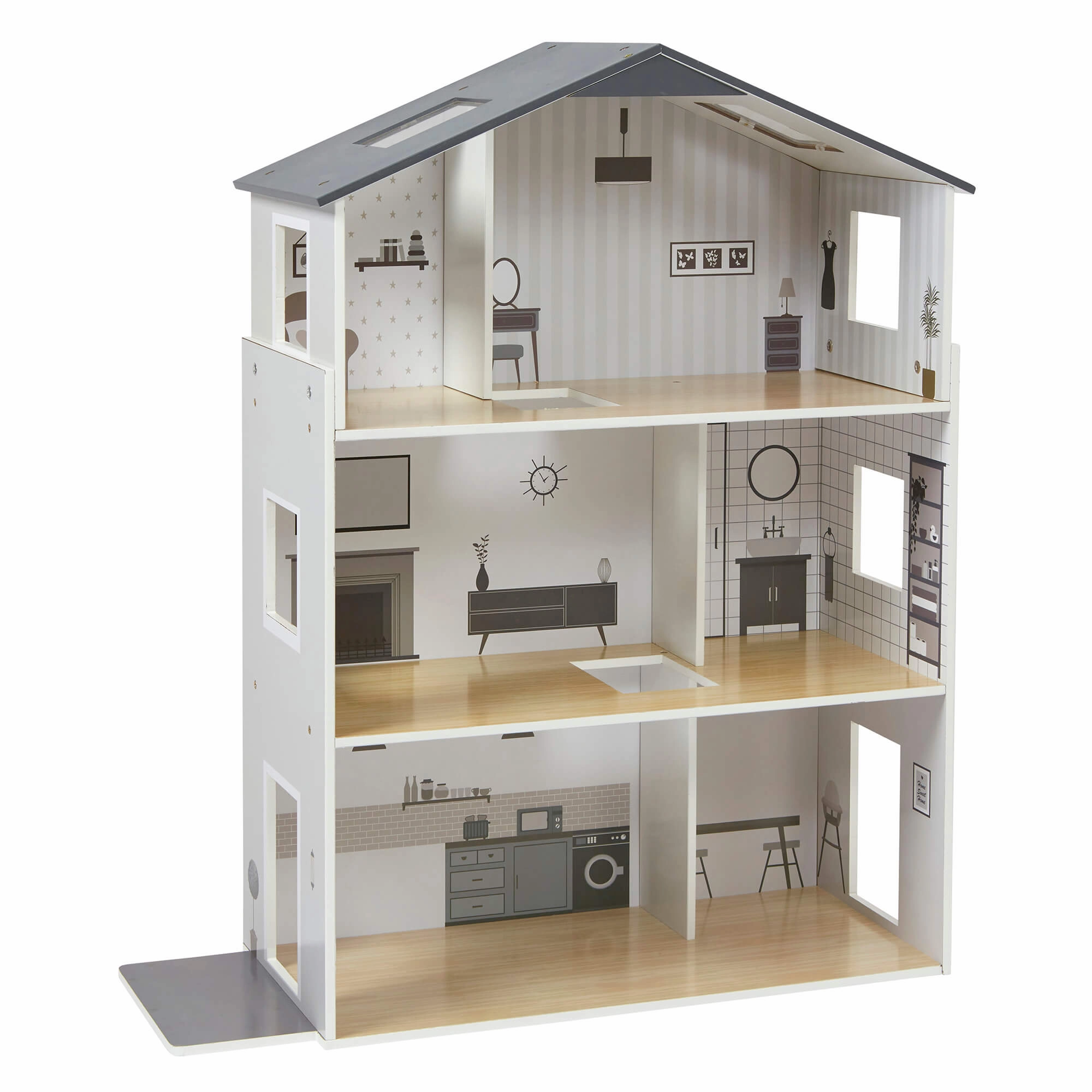 Large Montessori Detailed & Realistic Wooden Dolls House | 3 Storey Dollhouse | 18 Furniture Pieces