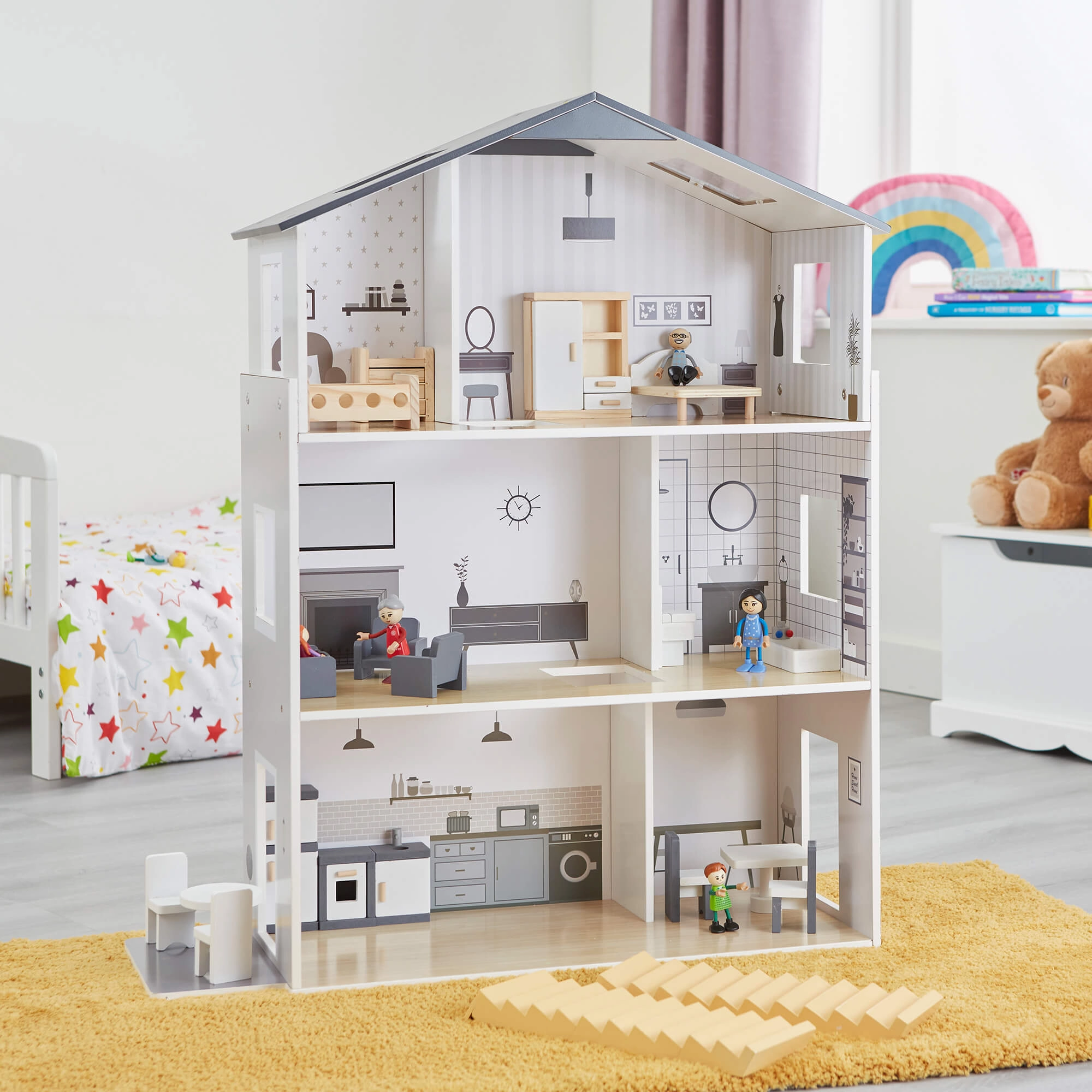 Large Montessori Detailed & Realistic Wooden Dolls House | 3 Storey Dollhouse | 18 Furniture Pieces