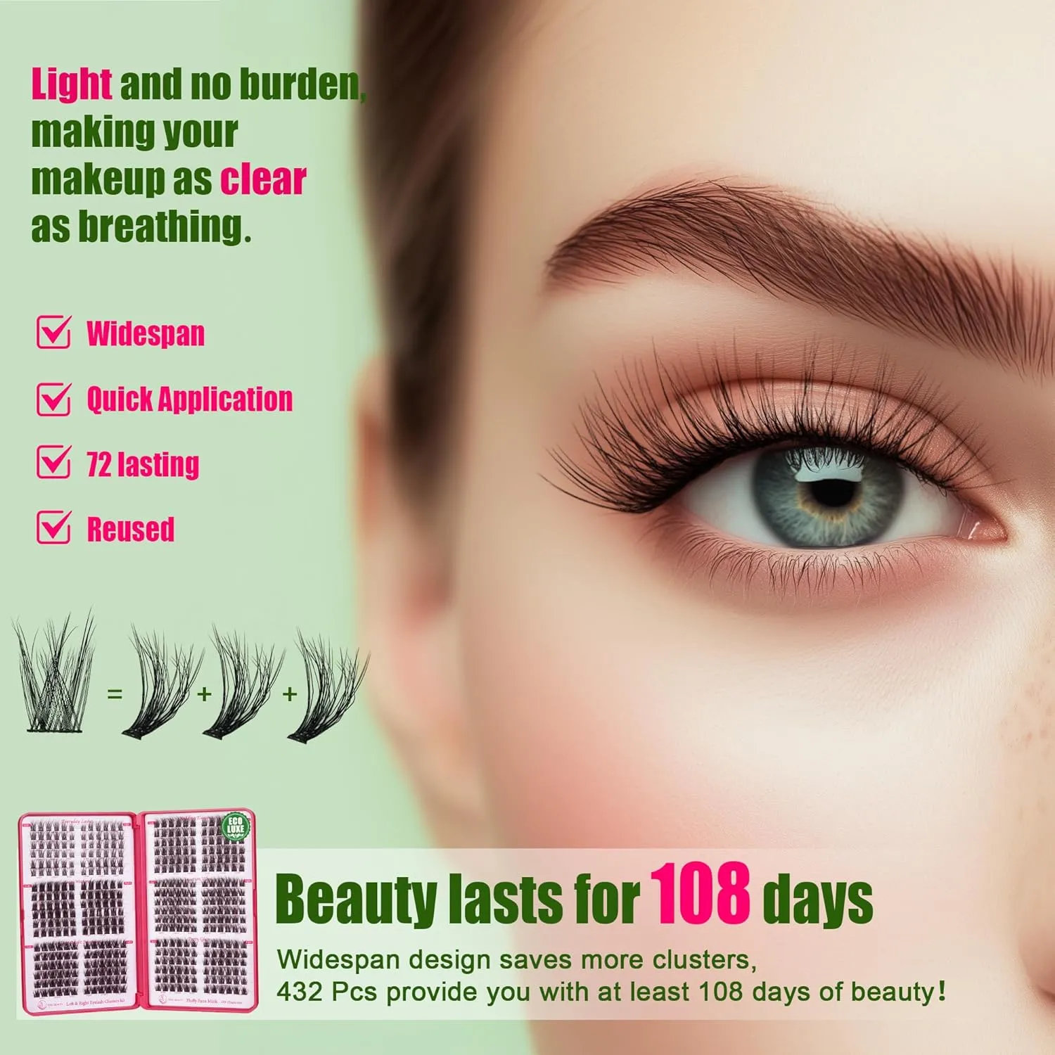Lash Clusters Kit - 0.05mm Wispy Lash Clusters Natural & Fluffy Lash Extension Kit 432Pcs Biodegradable Eyelash Clusters with Bond Seal Starter Kit, Cruelty Free Eyelashes Lightweight Reusable Lash