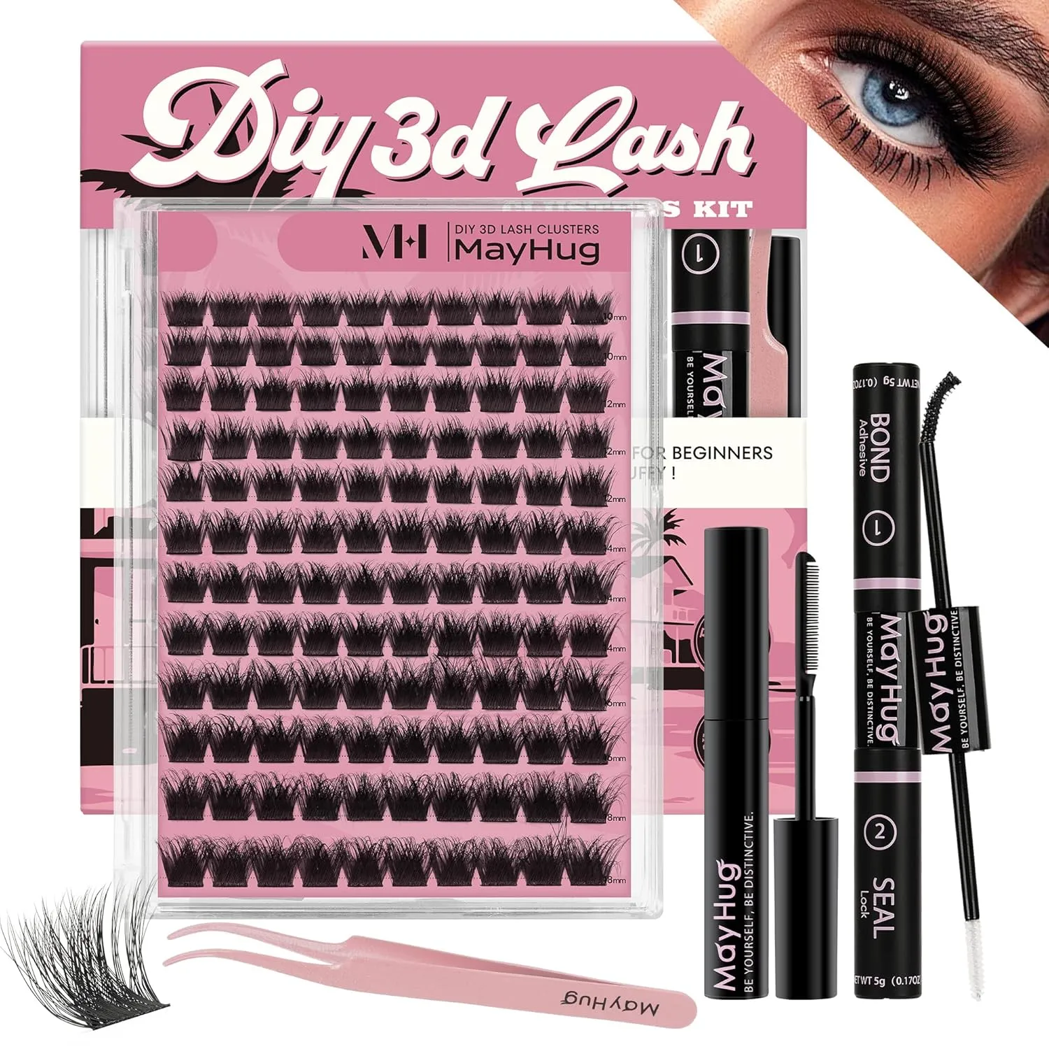 Lash Clusters Kit, 144PCS 3D Fluffy Lash Clusters 10-18mm Eyelash Clusters with 10ml Bond and Seal, 5ml Lash Remover, Lash Tweezers, Soft & Lightweight & Easy to apply (Dramatic Kit)