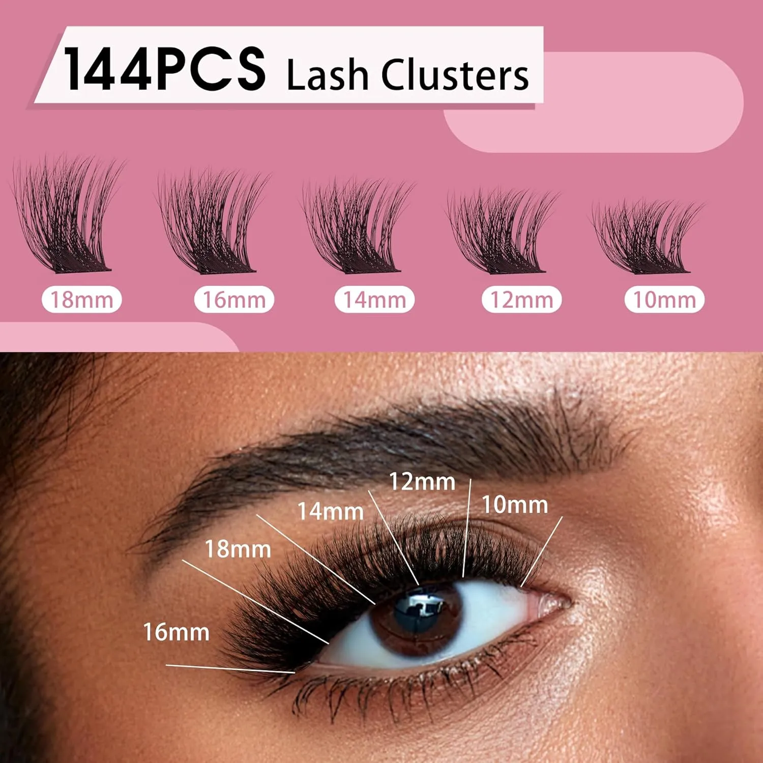 Lash Clusters Kit, 144PCS 3D Fluffy Lash Clusters 10-18mm Eyelash Clusters with 10ml Bond and Seal, 5ml Lash Remover, Lash Tweezers, Soft & Lightweight & Easy to apply (Dramatic Kit)