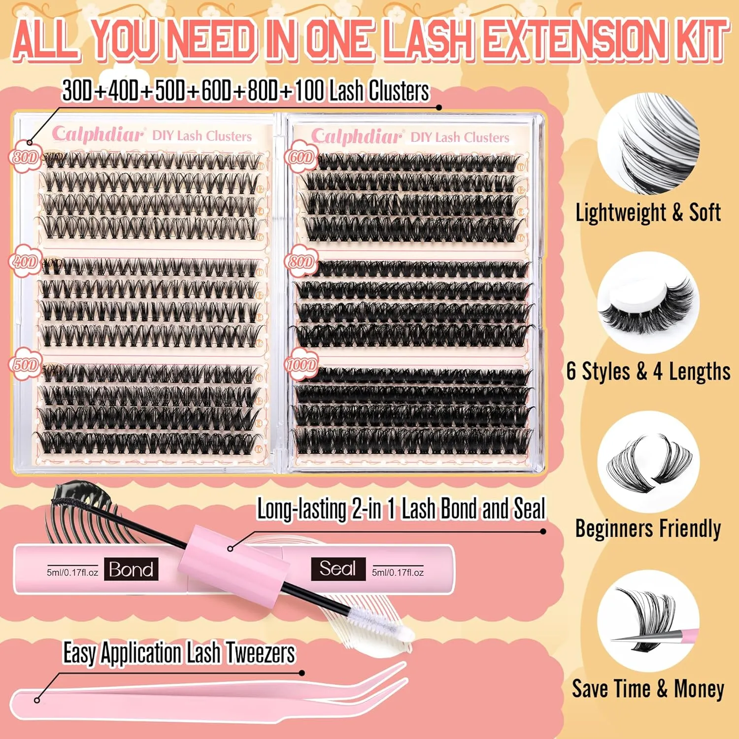 Lash Clusters Kit 30D-100D Wispy Eyelash Extension Kit 474pcs Individual Lashes 8-16MM Cluster Eyelash Extensions DIY Lash Extension Kit D-Curly Eyelash Clusters with Lash Bond and Seal Lash Tweezers