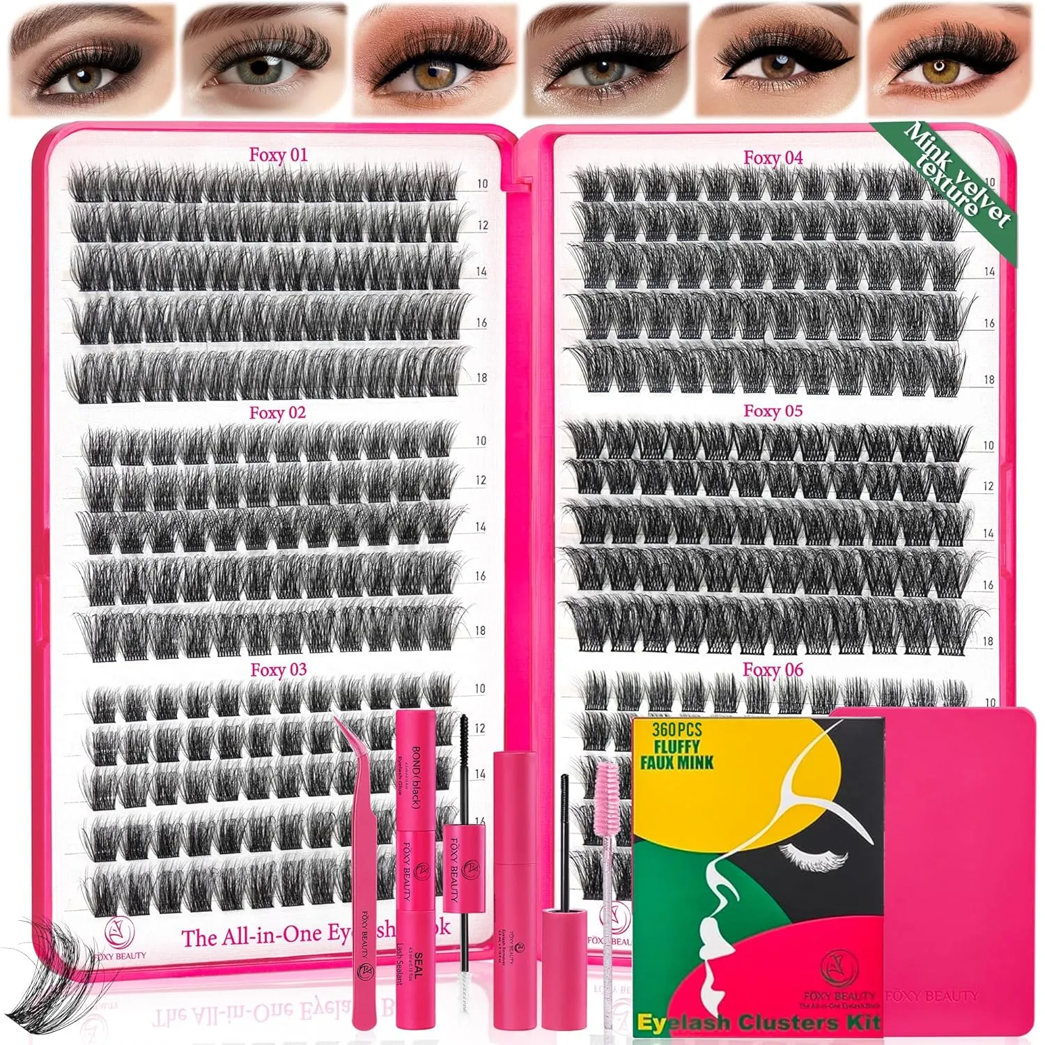 Lash Clusters Kit 360PCS D Curl Fluffy Eyelash Clusters Extension Kit - 12-18mm, Includes Bond & Seal, Remover, and Applicator for Salon-Quality Results