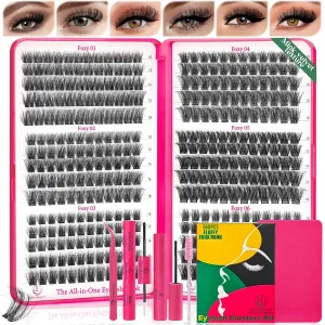 Lash Clusters Kit 360PCS D Curl Fluffy Eyelash Clusters Extension Kit - 12-18mm, Includes Bond & Seal, Remover, and Applicator for Salon-Quality Results
