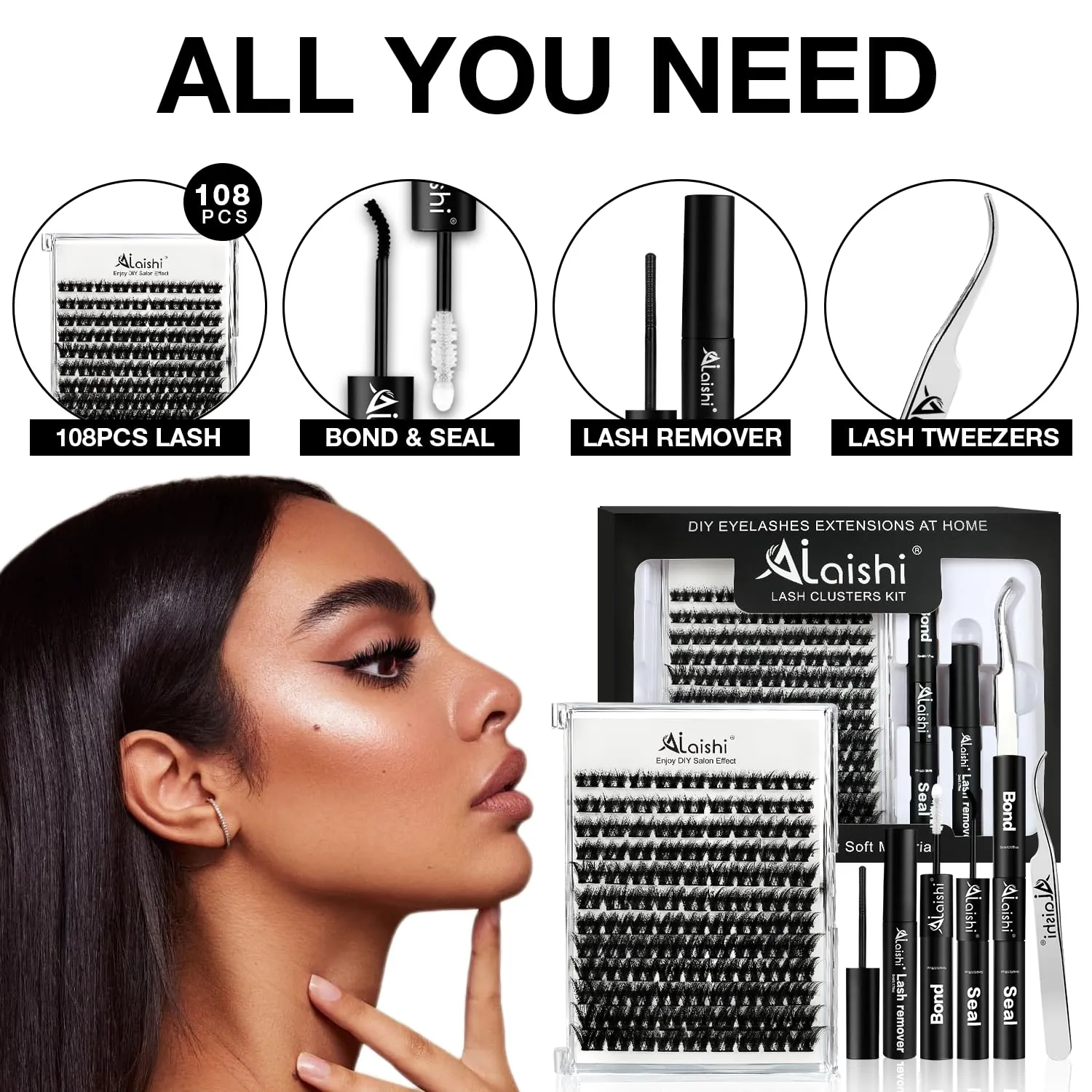 Lash Clusters Kit, DIY 3D Cluster Eyelash Extensions 10‑18mm,108pcs Fluffy D Curl Soft Natural Lashes with Lash Bond and Seal,Tweezers, Remover–Natural Fake Cat Eye Wispy Individual Clusters（211-5-L）