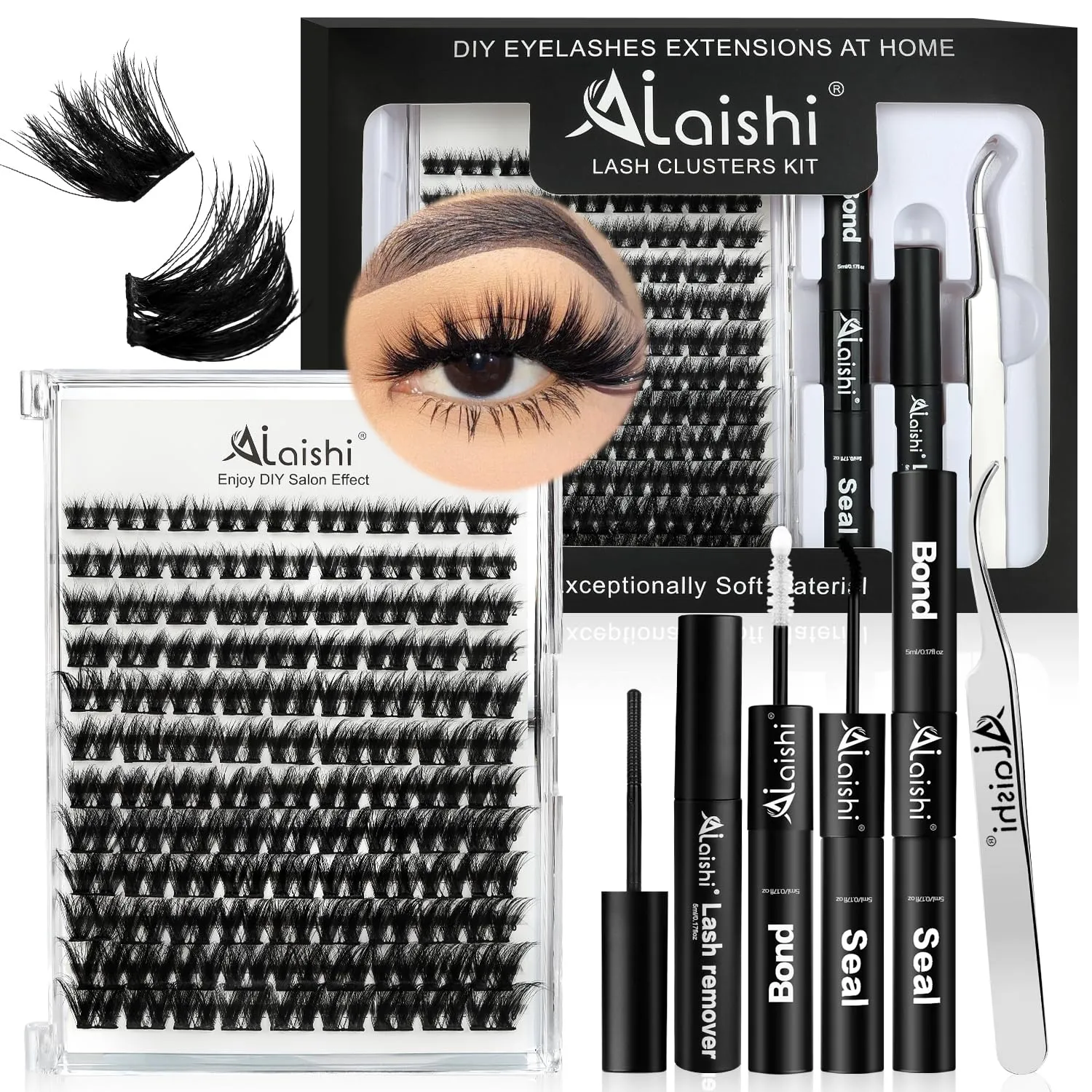 Lash Clusters Kit, DIY 3D Cluster Eyelash Extensions 10‑18mm,108pcs Fluffy D Curl Soft Natural Lashes with Lash Bond and Seal,Tweezers, Remover–Natural Fake Cat Eye Wispy Individual Clusters（211-5-L）