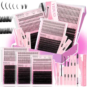 Lash Clusters with Spikes Kit 816Pcs Bulk Packs Fluffy False Eyelashes Extensions D Curl Wispy Individual Fake Eyelash, Wholesale Gift Pack with Glue|Tweezer|Remover|Eyelash&Eyebrow Brush