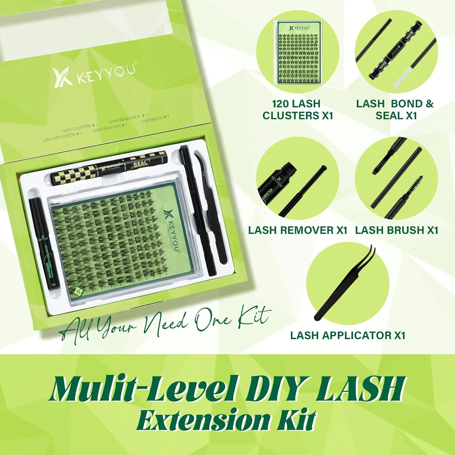 Lash Extension Kit 3D Effect Fluffy Lash Clusters Kit KEYYOU 120pcs D Curl 8-18MIX Complete High Definition Waterproof Kit DIY Lash Extension Kit (Aura-8-18MIX)