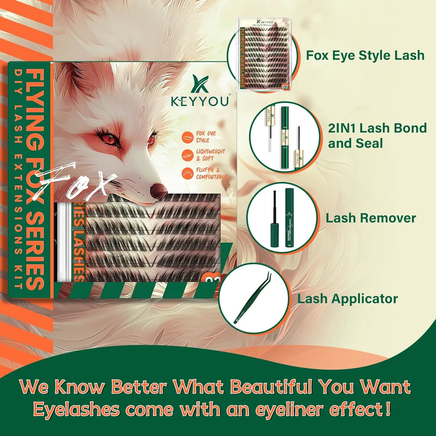 Lash Extension Kit KEYYOU Fox Family Lash Clusters Eyelash Extension Kit with Lash Bond and Seal,Tweezers,Remover and Brush for Fluffy DIY lash extension kit（HX02）