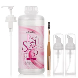 Lash Shampoo for Lash Extensions 1L/35fl.oz Eyelash Extension Cleanser Lash Cleaning Kit, Gentle Foaming Eyelash Shampoo with Brush and Wash Bottle for Salon Home Care Rose