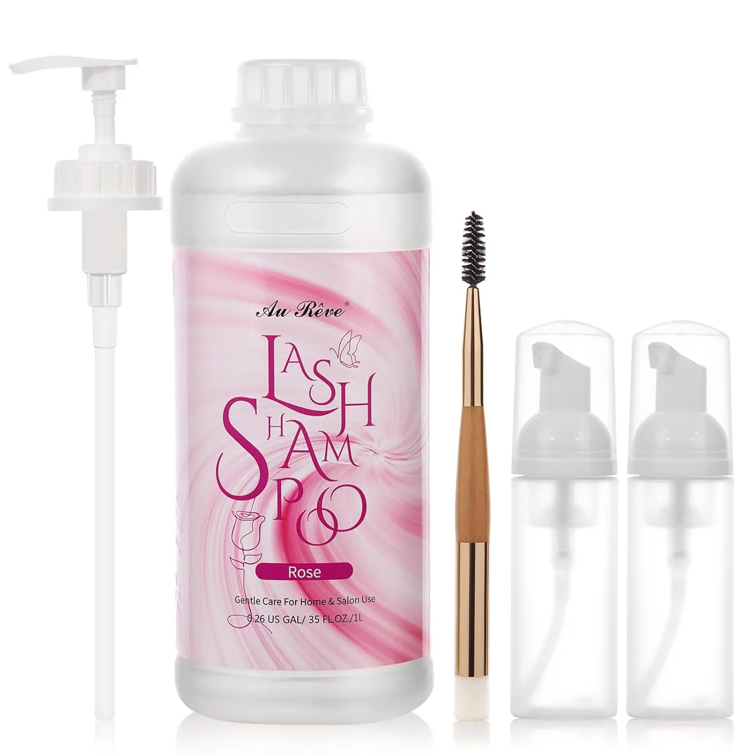 Lash Shampoo for Lash Extensions 1L/35fl.oz Eyelash Extension Cleanser Lash Cleaning Kit, Gentle Foaming Eyelash Shampoo with Brush and Wash Bottle for Salon Home Care Rose
