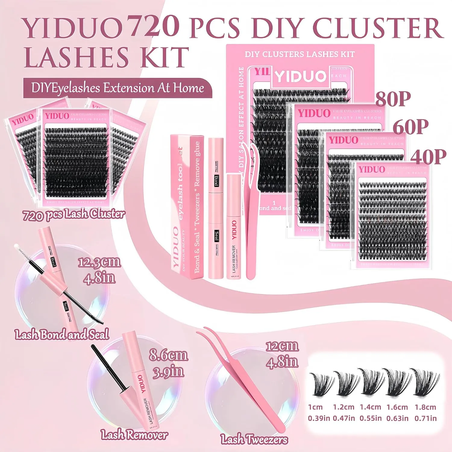 Lashes Cluster Kit 720Pcs Gift Packs, Wholesale DIY Individual False Eyelash Extensions 40/60/80P Combo Pack, D Curl Fluffy Volume Fake Eyelash Wispy Faux Mink Lashes with Glue|Tweezers|Removers