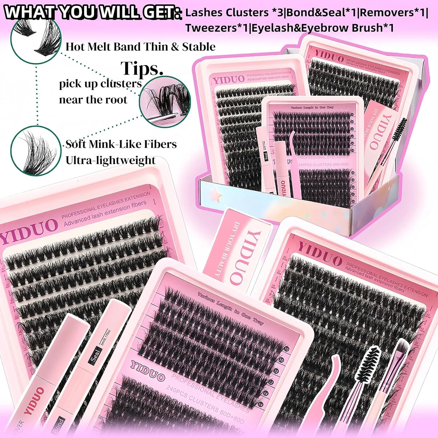 Lashes Clusters Kit Gift Packs Fluffy False Eyelashes Extensions D Curl Wispy Individual Fake Eyelashes, Volume Studio Effect, Value Pack 760Pcs with Glue|Tweezers|Removers|Eyelash&Eyebrow Brush