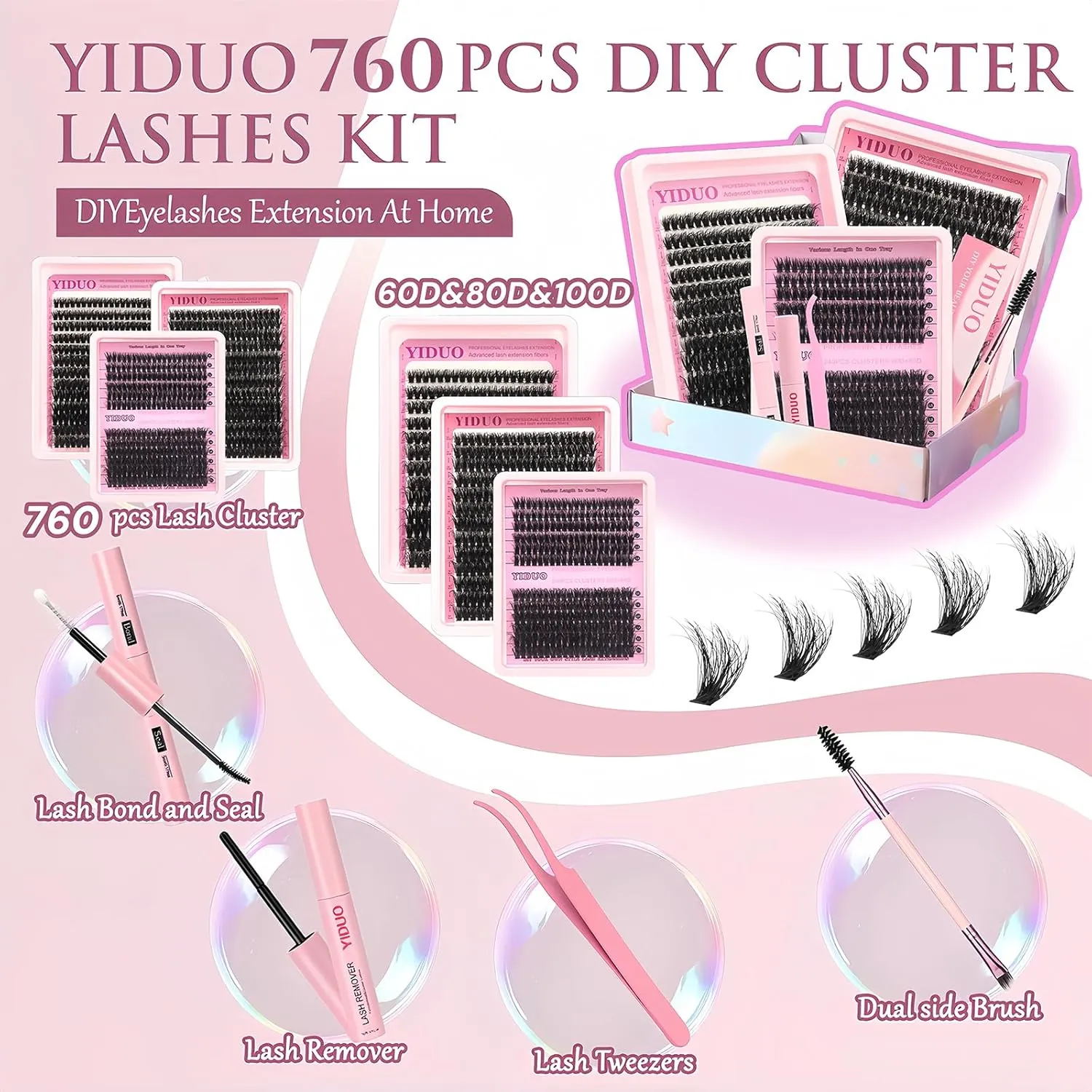 Lashes Clusters Kit Gift Packs Fluffy False Eyelashes Extensions D Curl Wispy Individual Fake Eyelashes, Volume Studio Effect, Value Pack 760Pcs with Glue|Tweezers|Removers|Eyelash&Eyebrow Brush