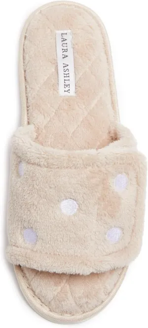 Laura Ashley Open Toe Velcro Band Fluffy Scuff Slippers for Women with Non-Slip Sole, Plush Memory Foam Slippers
