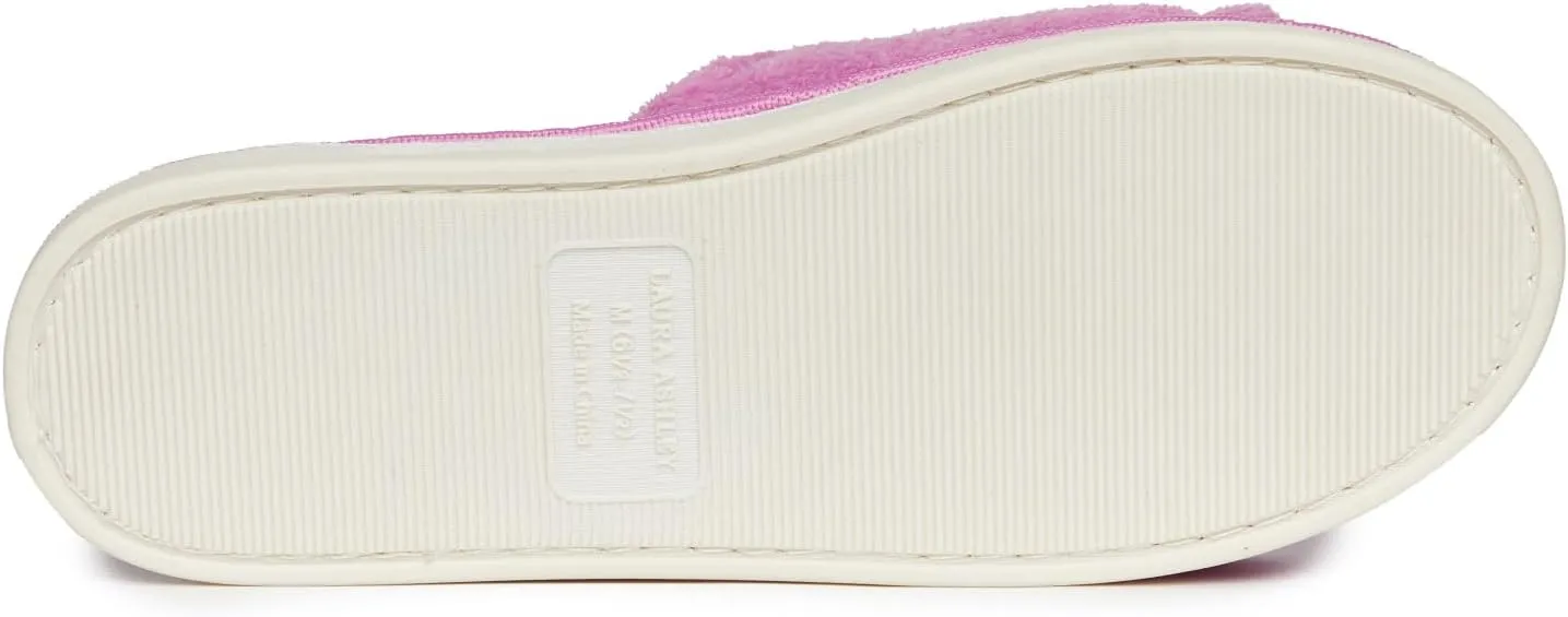 Laura Ashley Open Toe Velcro Band Fluffy Scuff Slippers for Women with Non-Slip Sole, Plush Memory Foam Slippers