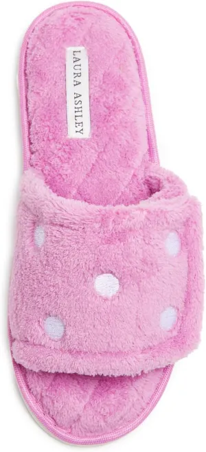 Laura Ashley Open Toe Velcro Band Fluffy Scuff Slippers for Women with Non-Slip Sole, Plush Memory Foam Slippers