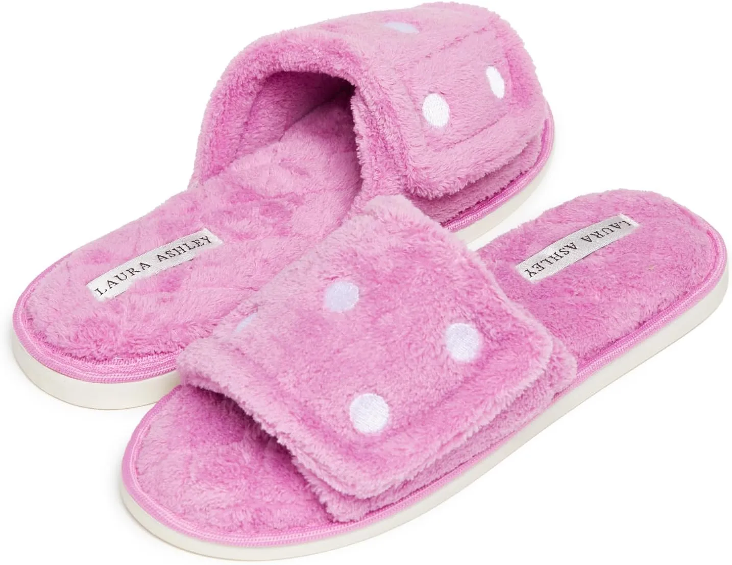Laura Ashley Open Toe Velcro Band Fluffy Scuff Slippers for Women with Non-Slip Sole, Plush Memory Foam Slippers