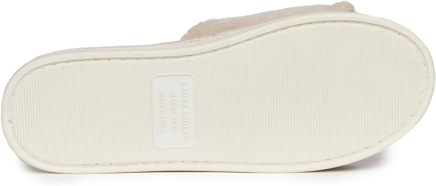 Laura Ashley Open Toe Velcro Band Fluffy Scuff Slippers for Women with Non-Slip Sole, Plush Memory Foam Slippers