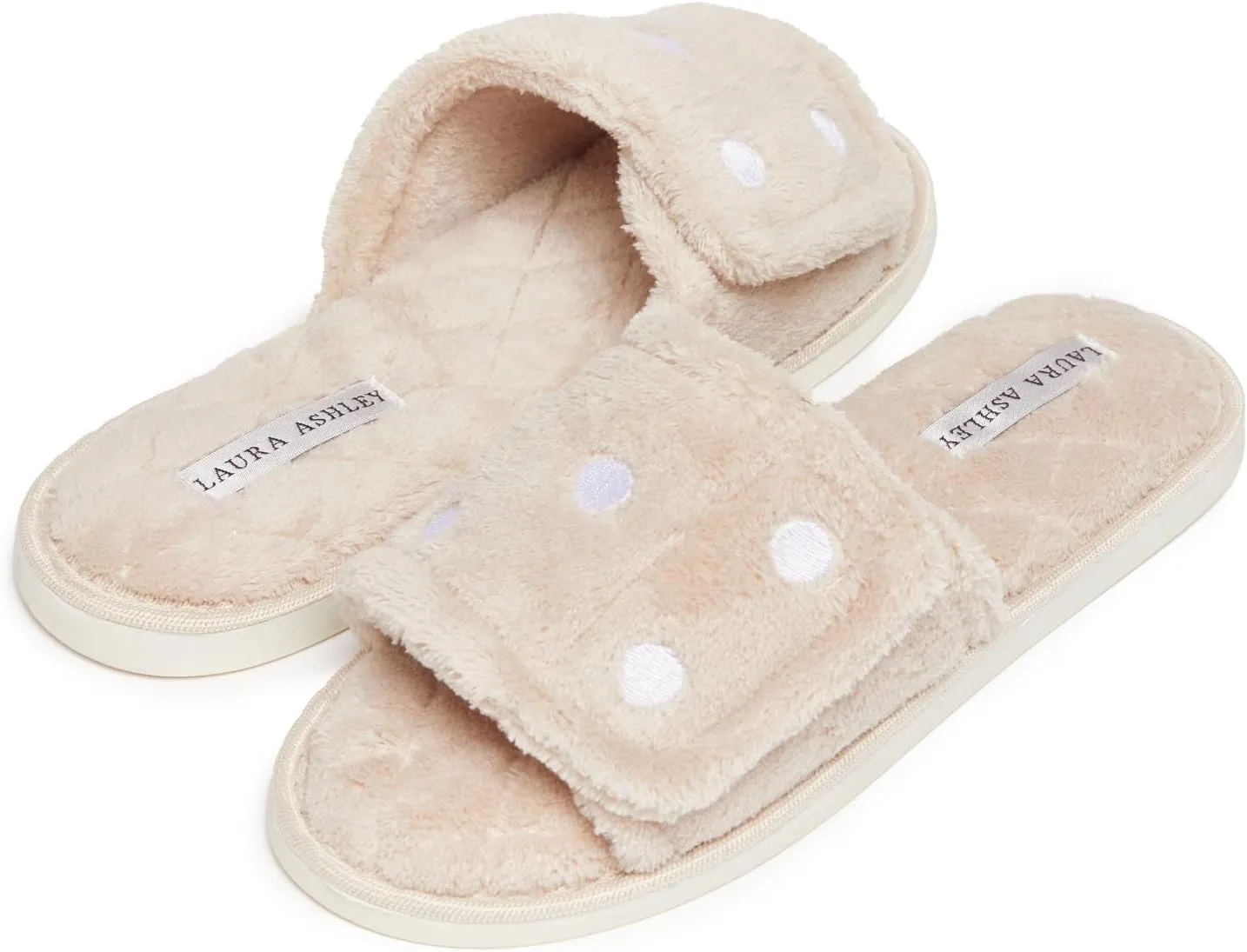 Laura Ashley Open Toe Velcro Band Fluffy Scuff Slippers for Women with Non-Slip Sole, Plush Memory Foam Slippers