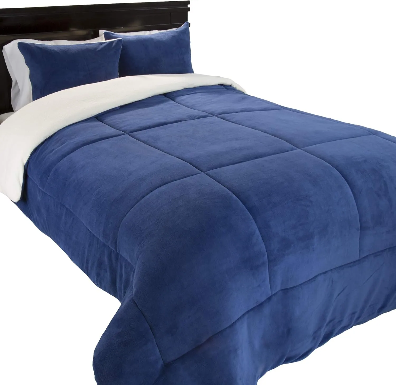 Lavish Home King Size Comforter Set – 3-Piece Sherpa and Fleece Bedspread with Pillow Shams – Warm, Cozy, Machine-Washable Bedding (Navy)