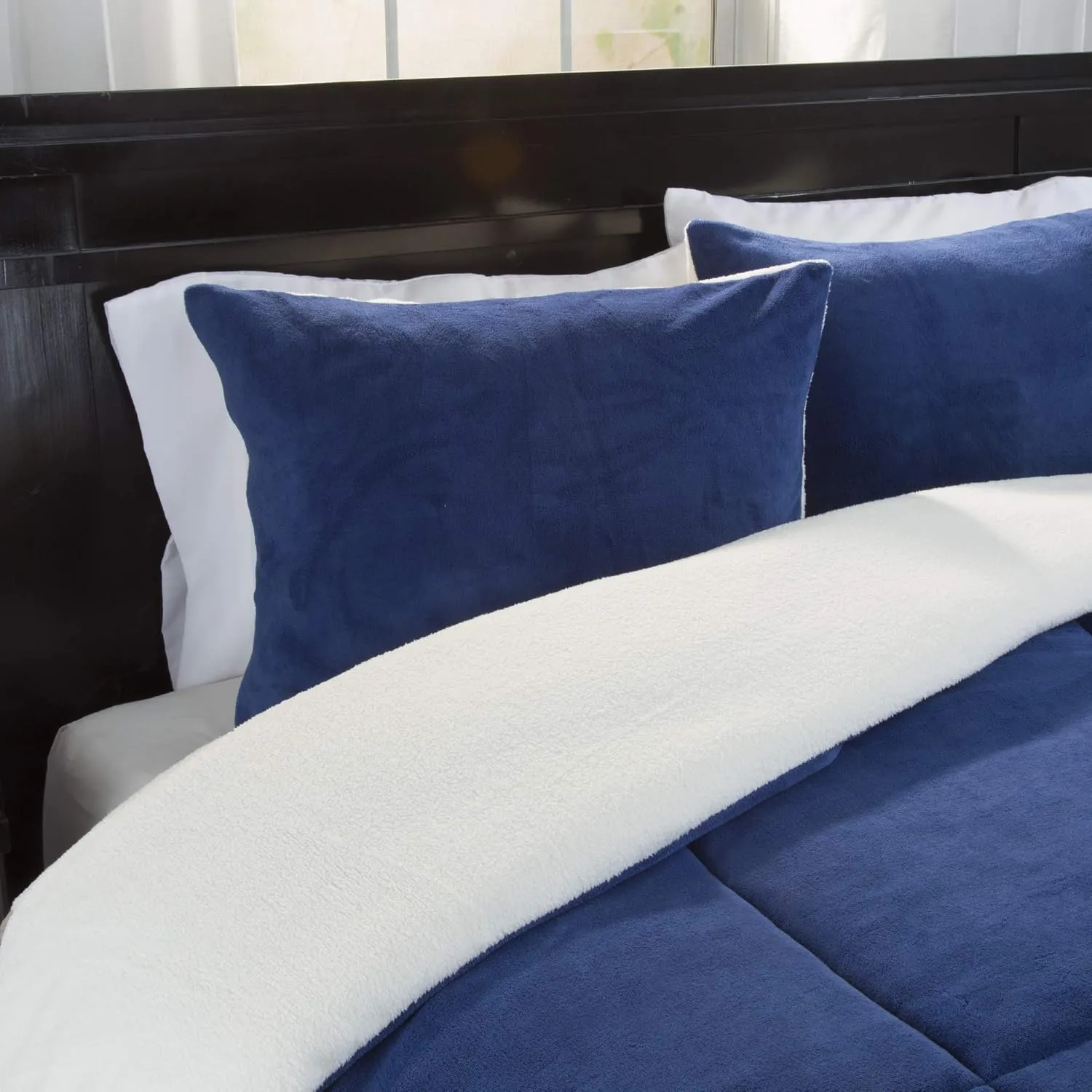 Lavish Home King Size Comforter Set – 3-Piece Sherpa and Fleece Bedspread with Pillow Shams – Warm, Cozy, Machine-Washable Bedding (Navy)