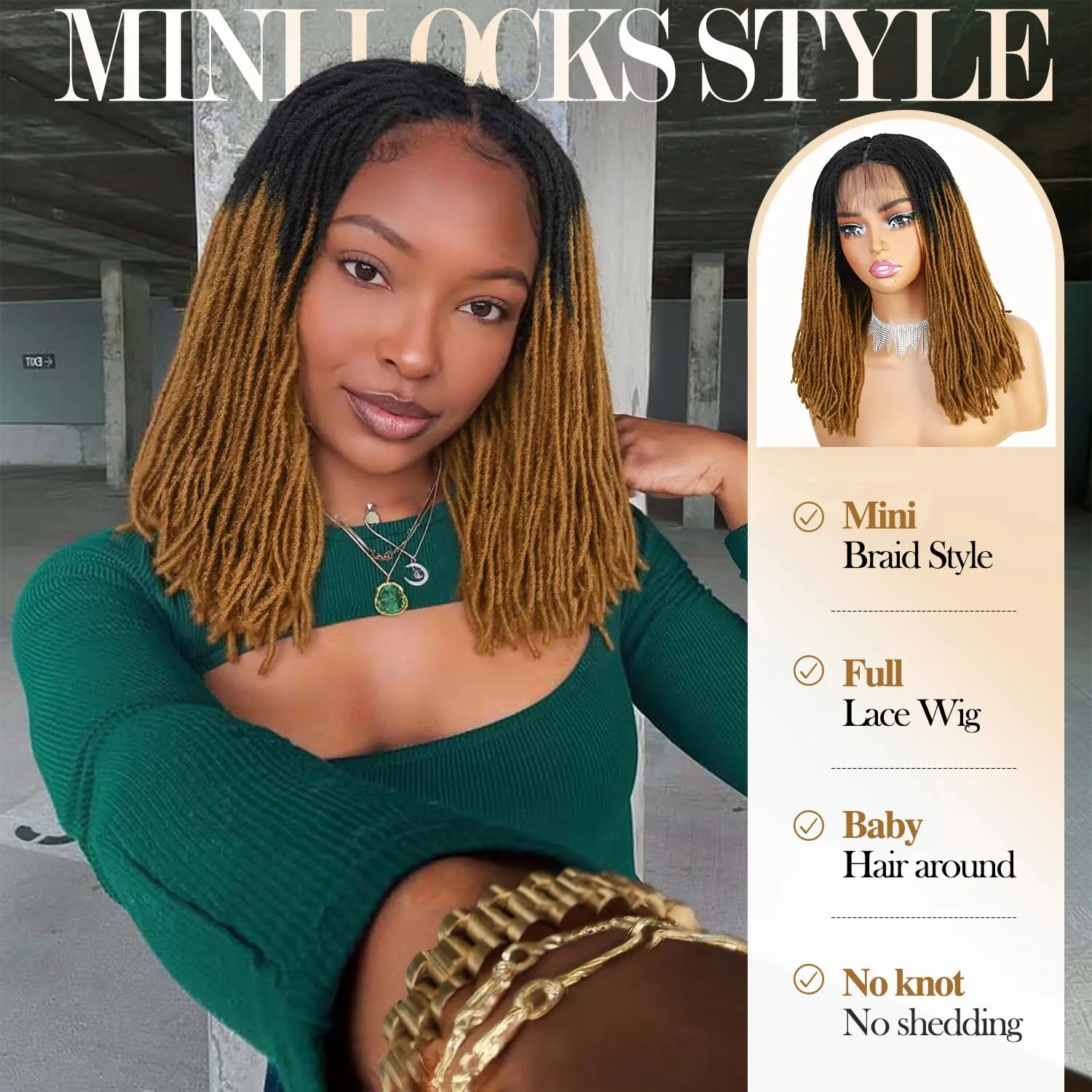 Lday Hanne Micro Dreadlock Full Lace Wigs for Black Women Short Faux Locs Lace Frontal Wigs With Baby Hair Ombre Brown Knotless Twist Dreadlock Synthetic Hair 14Inch