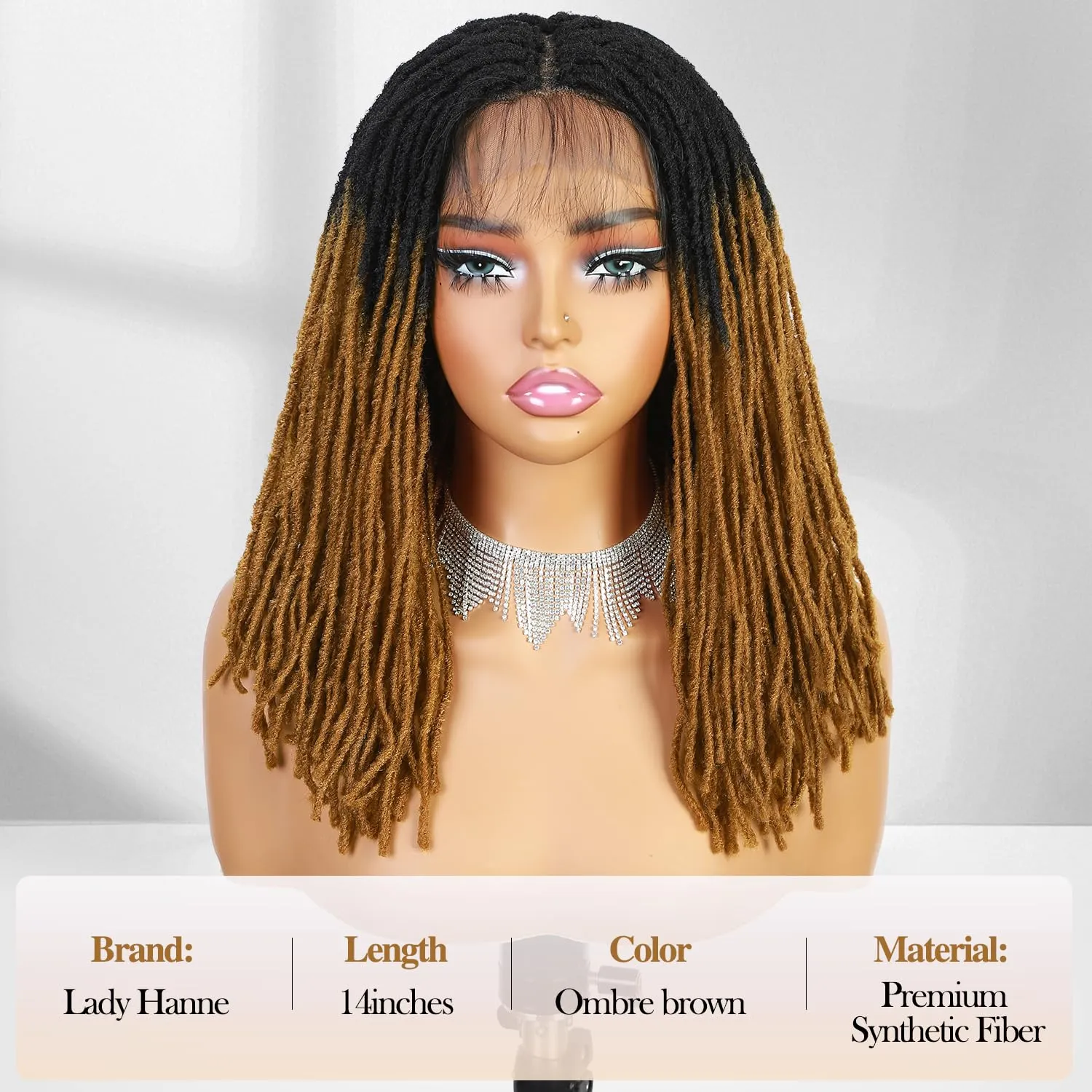 Lday Hanne Micro Dreadlock Full Lace Wigs for Black Women Short Faux Locs Lace Frontal Wigs With Baby Hair Ombre Brown Knotless Twist Dreadlock Synthetic Hair 14Inch