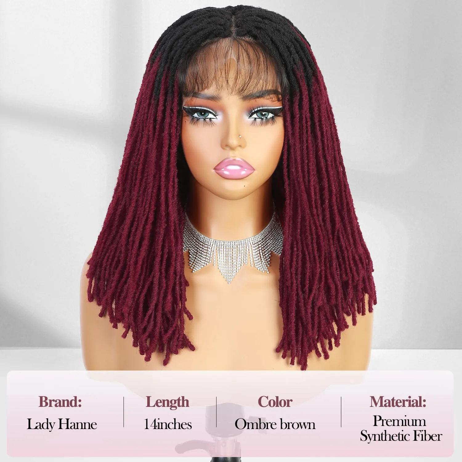 Lday Hanne Micro Dreadlock Full Lace Wigs for Black Women Short Faux Locs Lace Frontal Wigs With Baby Hair Ombre Red Knotless Twist Dreadlock Synthetic Hair 14Inch