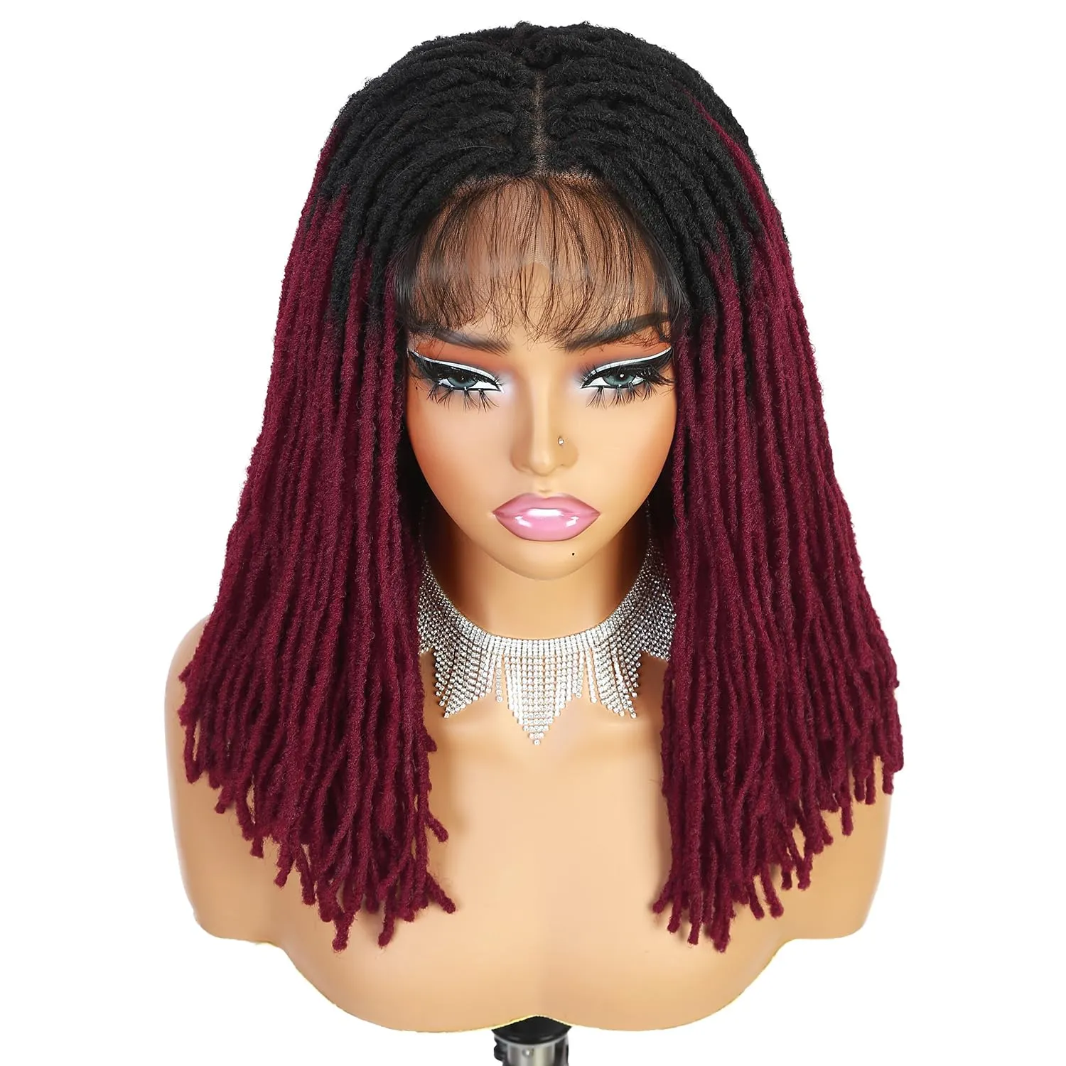 Lday Hanne Micro Dreadlock Full Lace Wigs for Black Women Short Faux Locs Lace Frontal Wigs With Baby Hair Ombre Red Knotless Twist Dreadlock Synthetic Hair 14Inch