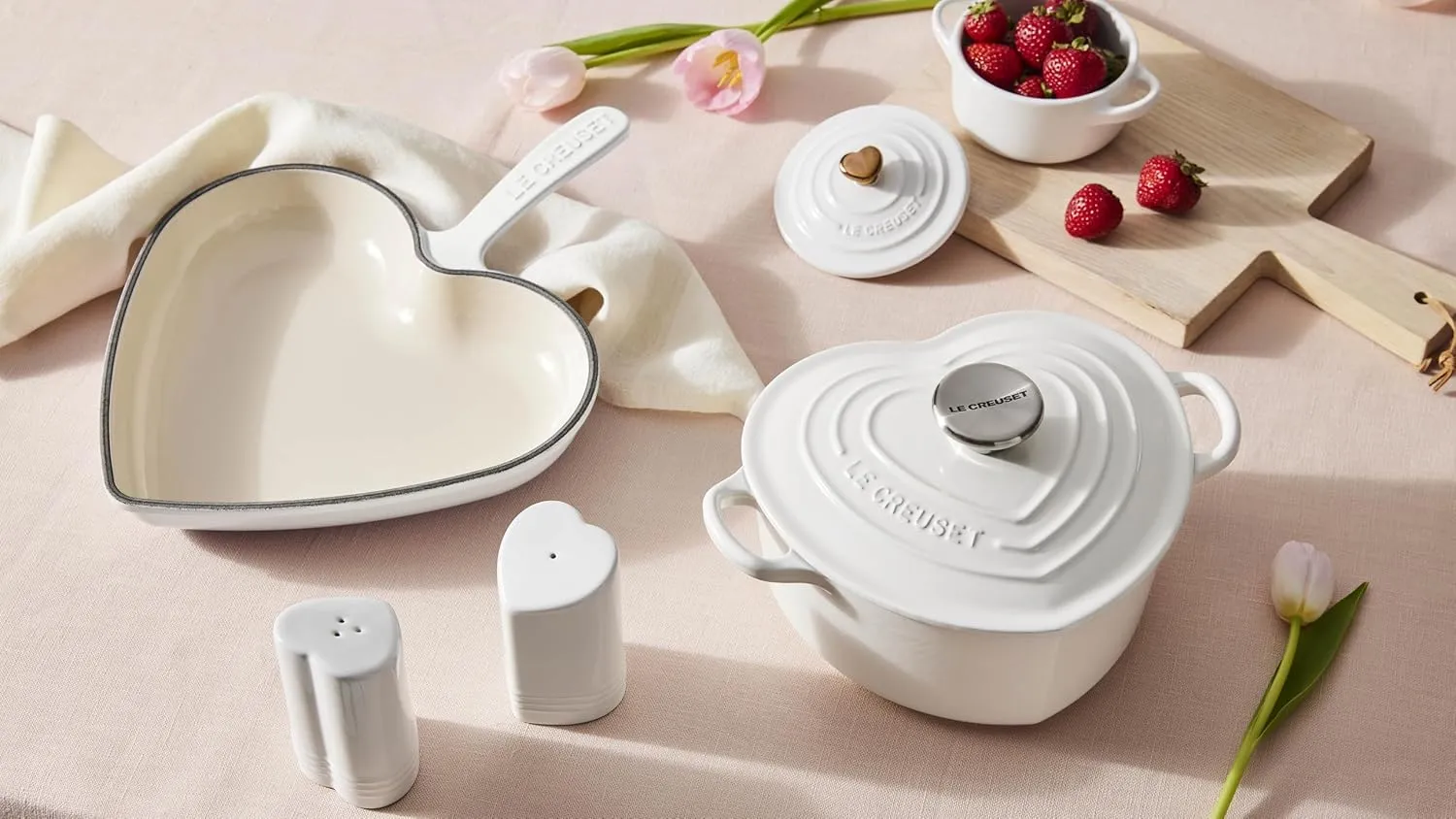 Le Creuset Stoneware Heart Shaped Salt & Pepper Shakers, 4 oz. Each, Cerise