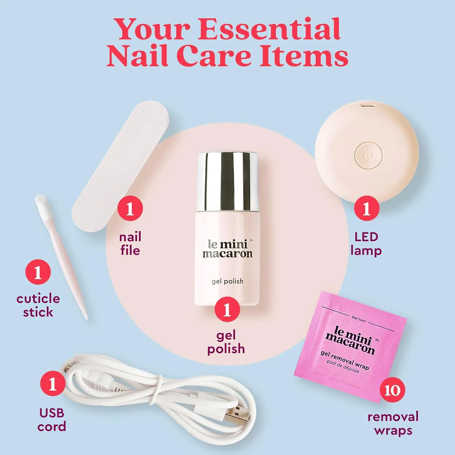 le mini macaron Gel Nail Polish Kit with LED Light, DIY At-Home Polish Nail Kit | Non-Toxic, Fast-Drying 3-in-1 Set for Long-Lasting, Salon-Quality Nails, File, and Remover Wraps (Ruby Red)