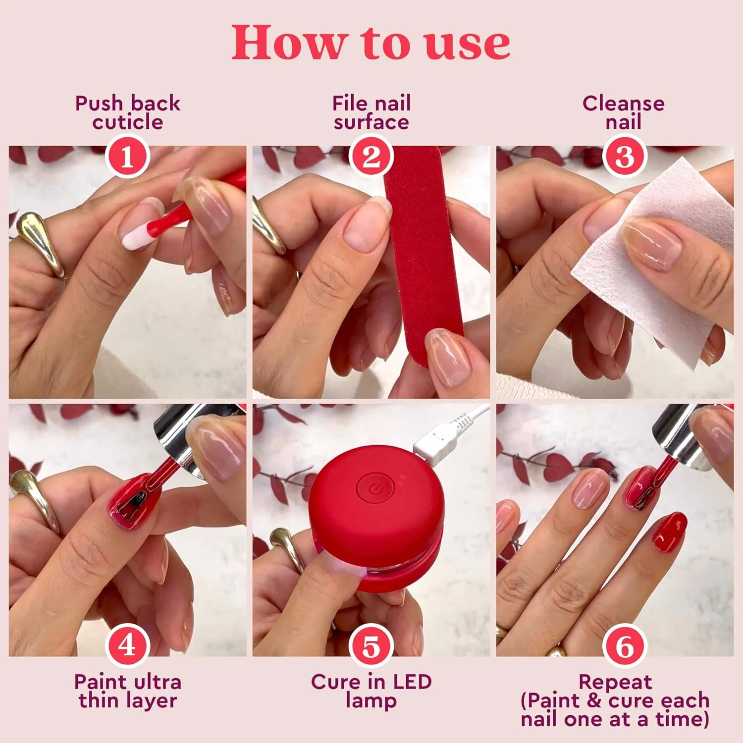 le mini macaron Gel Nail Polish Kit with LED Light, DIY At-Home Polish Nail Kit | Non-Toxic, Fast-Drying 3-in-1 Set for Long-Lasting, Salon-Quality Nails, File, and Remover Wraps (Ruby Red)