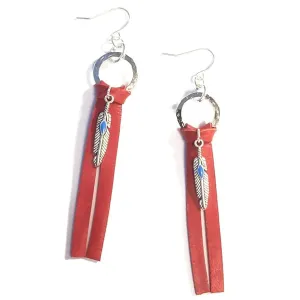 Leather Tassel Hammered Hoop Turquoise Feather Soft Deerskin Earring Pair 3 Inch Long Sweep Red Boho Western