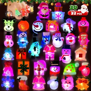 Leezmark 32 Pcs Christmas Party Favors Light Up Rings 3D LED Finger Lights Christmas Party Toys Glow In The Dark Party Supplies Stocking Stuffer Bulk Christmas Gifts for Kids Teens Adults Boys Girls