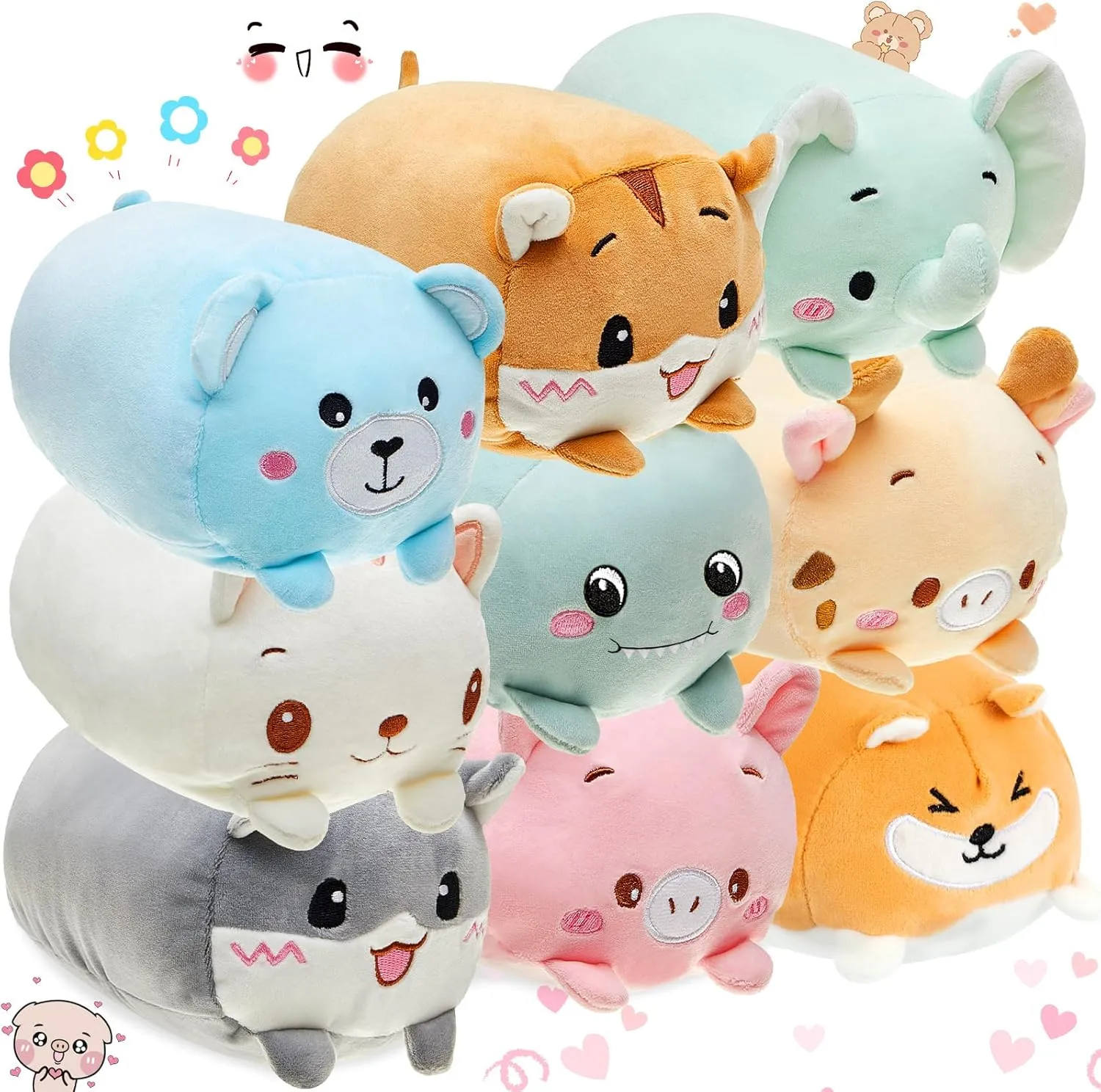 Leitee 9 Pcs Plush Toys Set 8 Inch Stuffed Animals Set Elephant Deer Hamster Panda Pig Dinosaur Plush Cuddly Cute Body Pillow Soft Hugging Toy for Boys Girls Bedding Sleeping Birthday Valentine Gift