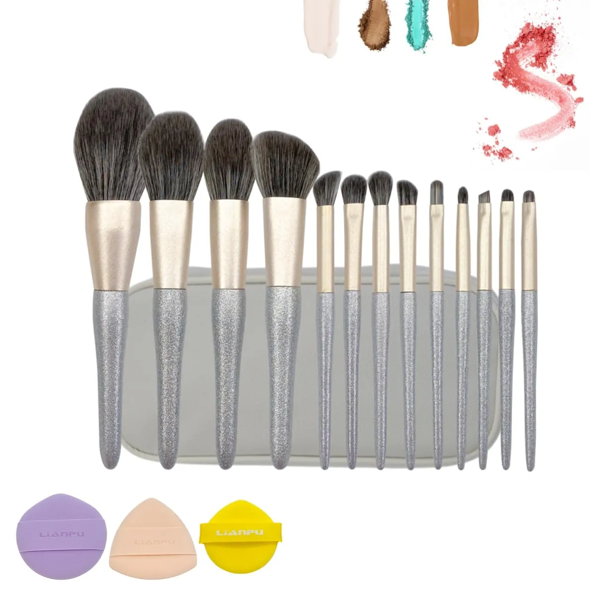 LIAN PU Makeup Brushes | 13 PCS eye makeup brushes set professional with 3 Powder Puff & Travel Bag,Portable Eyeshadow Set Makeup Brushes & Tools