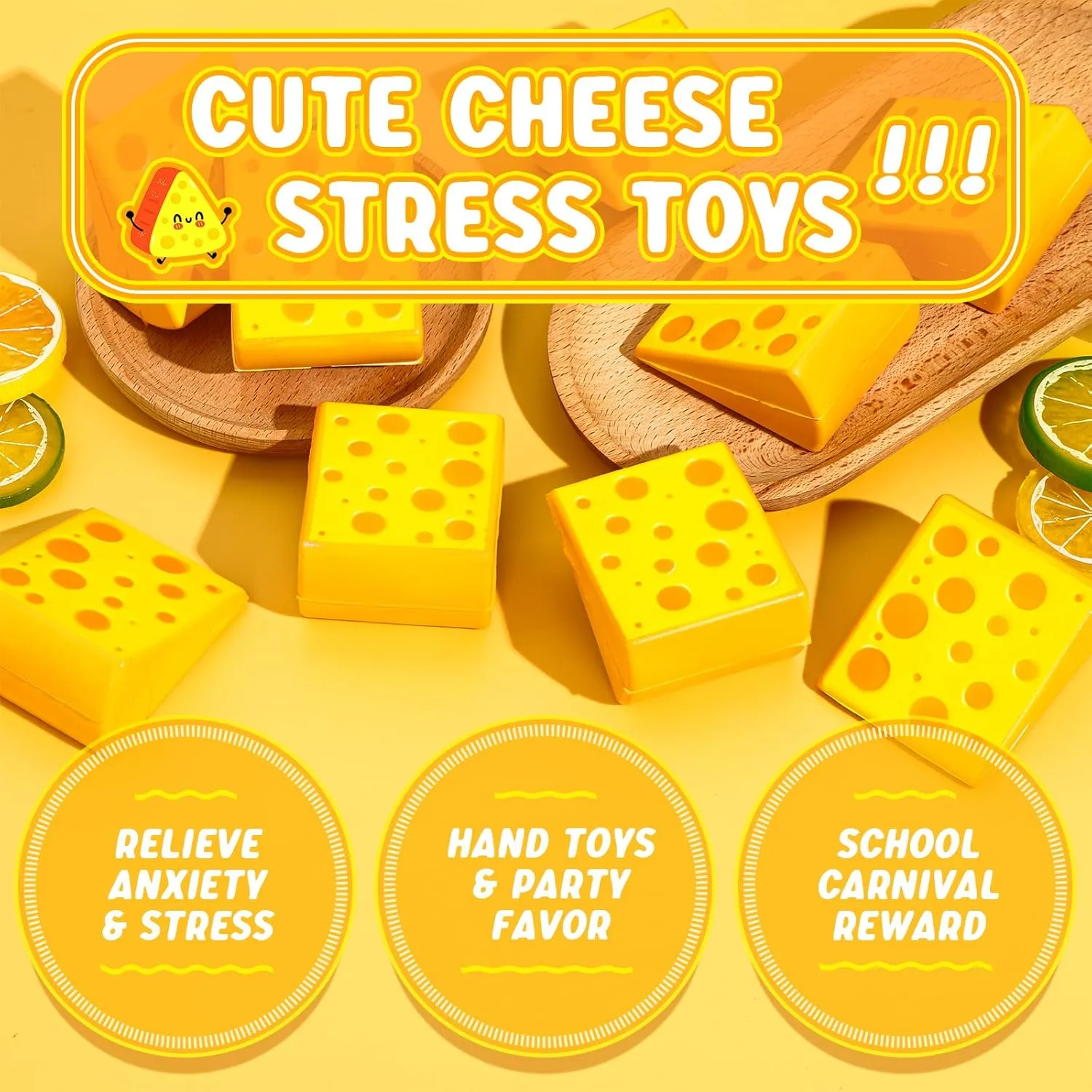 Libima 100 Pcs Cheese Stress Toys Bulk Fake Cheese Party Favors Foam Squeeze Stretchy Food Stress Ball Miniature Block for Kids Adults Anxiety Relief Fidget Toys Dollhouse Kitchen DIY Decor
