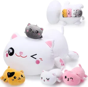Libima Plush Cat Stuffed Animal Toys with 4 Babies Inside Plush Mommy Kitty with 4 Cute Fluffy Stuffed Kittens for Cat Lovers Birthday Favors Surprise