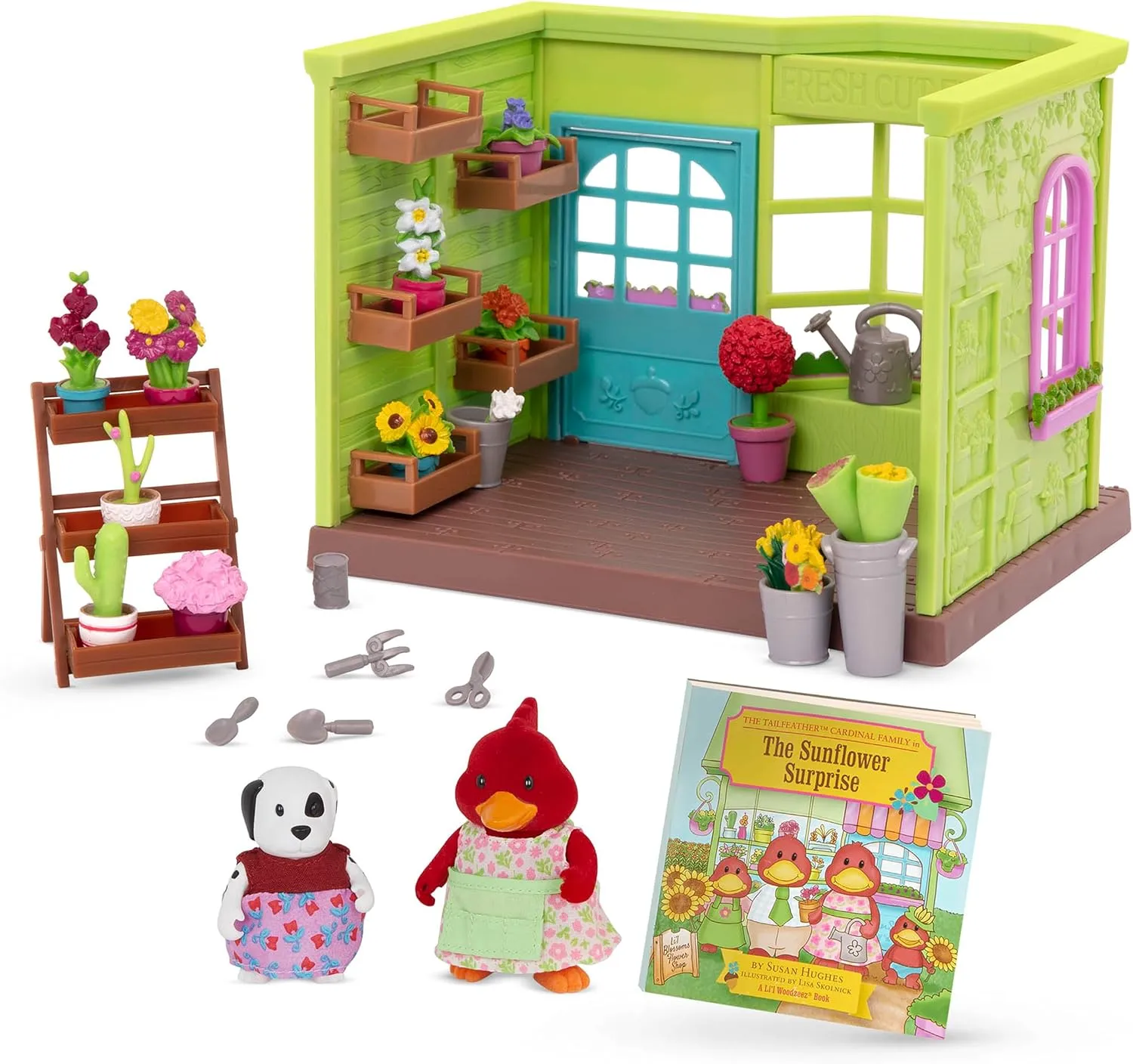 Li'l Woodzeez – Li'l Petals Flower Shop – 29Pcs Dollhouse Playset – 2 Posable Doll Figures & 1 Storybook Included – Miniature Furnitures & Accessories – Stackable Playset for Kids 3 