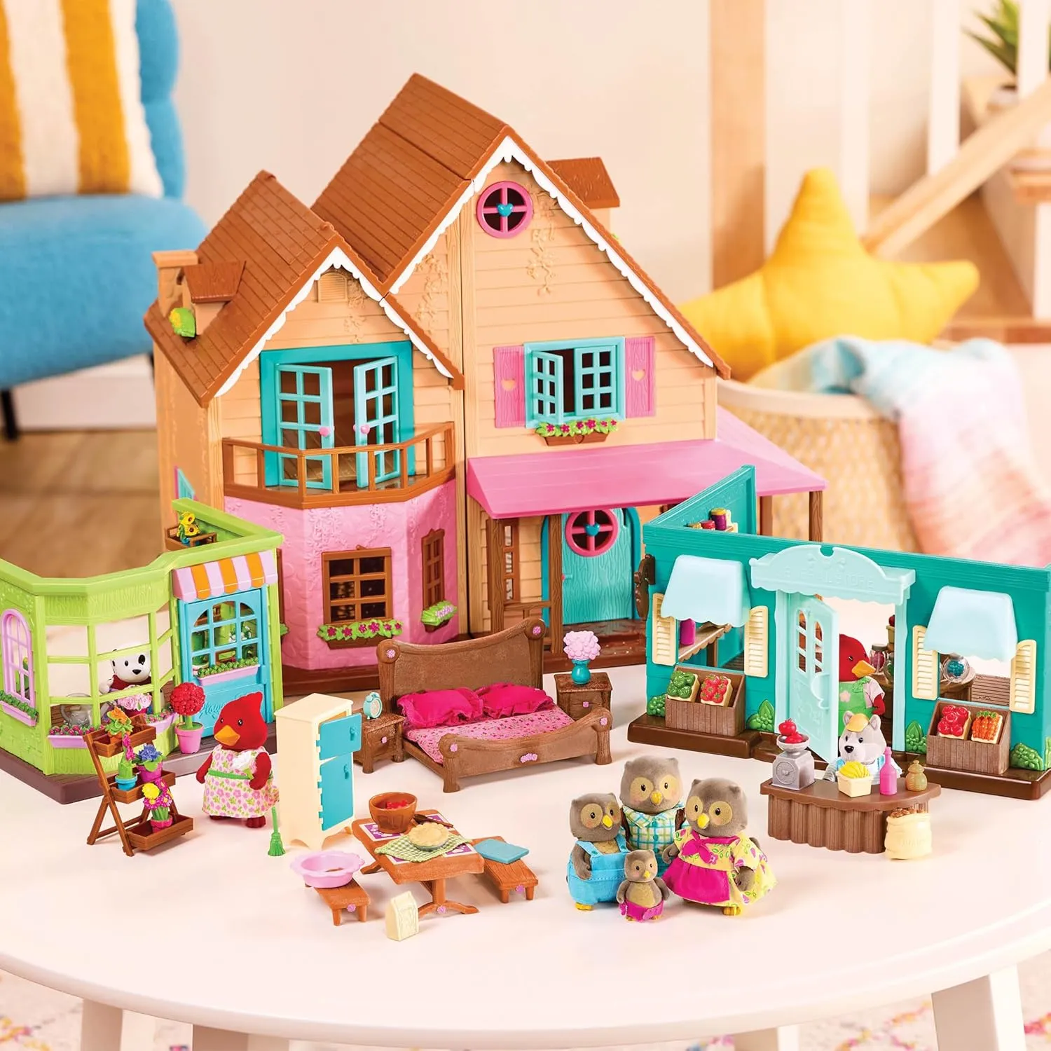 Li'l Woodzeez – Li'l Petals Flower Shop – 29Pcs Dollhouse Playset – 2 Posable Doll Figures & 1 Storybook Included – Miniature Furnitures & Accessories – Stackable Playset for Kids 3 