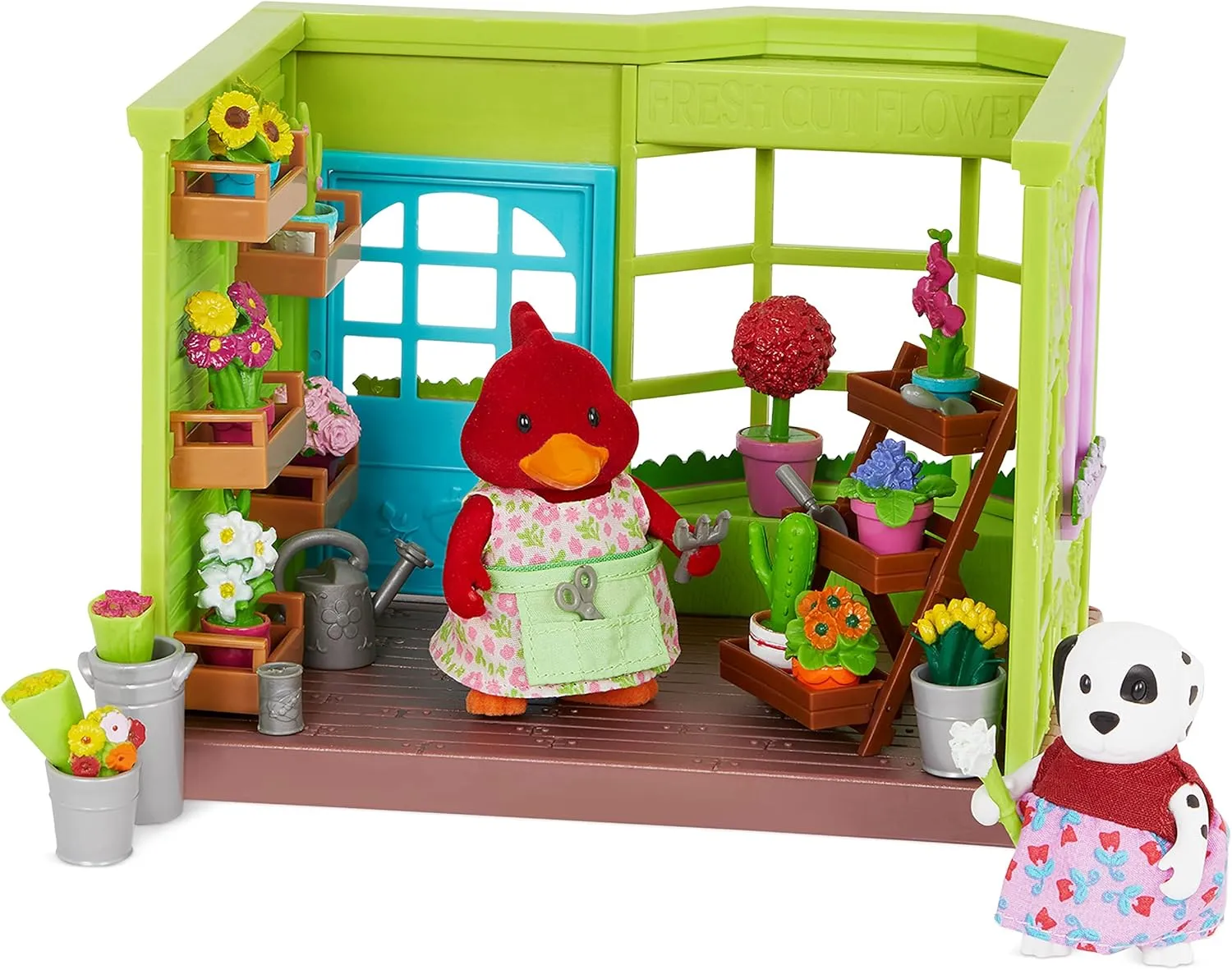 Li'l Woodzeez – Li'l Petals Flower Shop – 29Pcs Dollhouse Playset – 2 Posable Doll Figures & 1 Storybook Included – Miniature Furnitures & Accessories – Stackable Playset for Kids 3 