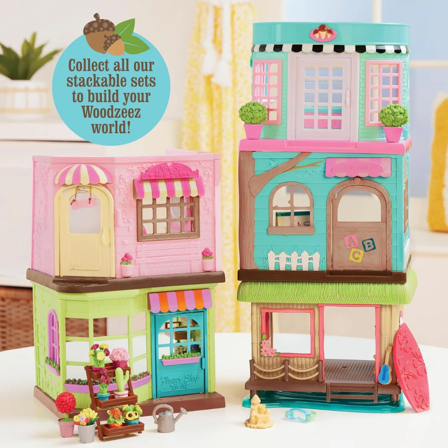Li'l Woodzeez – Li'l Petals Flower Shop – 29Pcs Dollhouse Playset – 2 Posable Doll Figures & 1 Storybook Included – Miniature Furnitures & Accessories – Stackable Playset for Kids 3 
