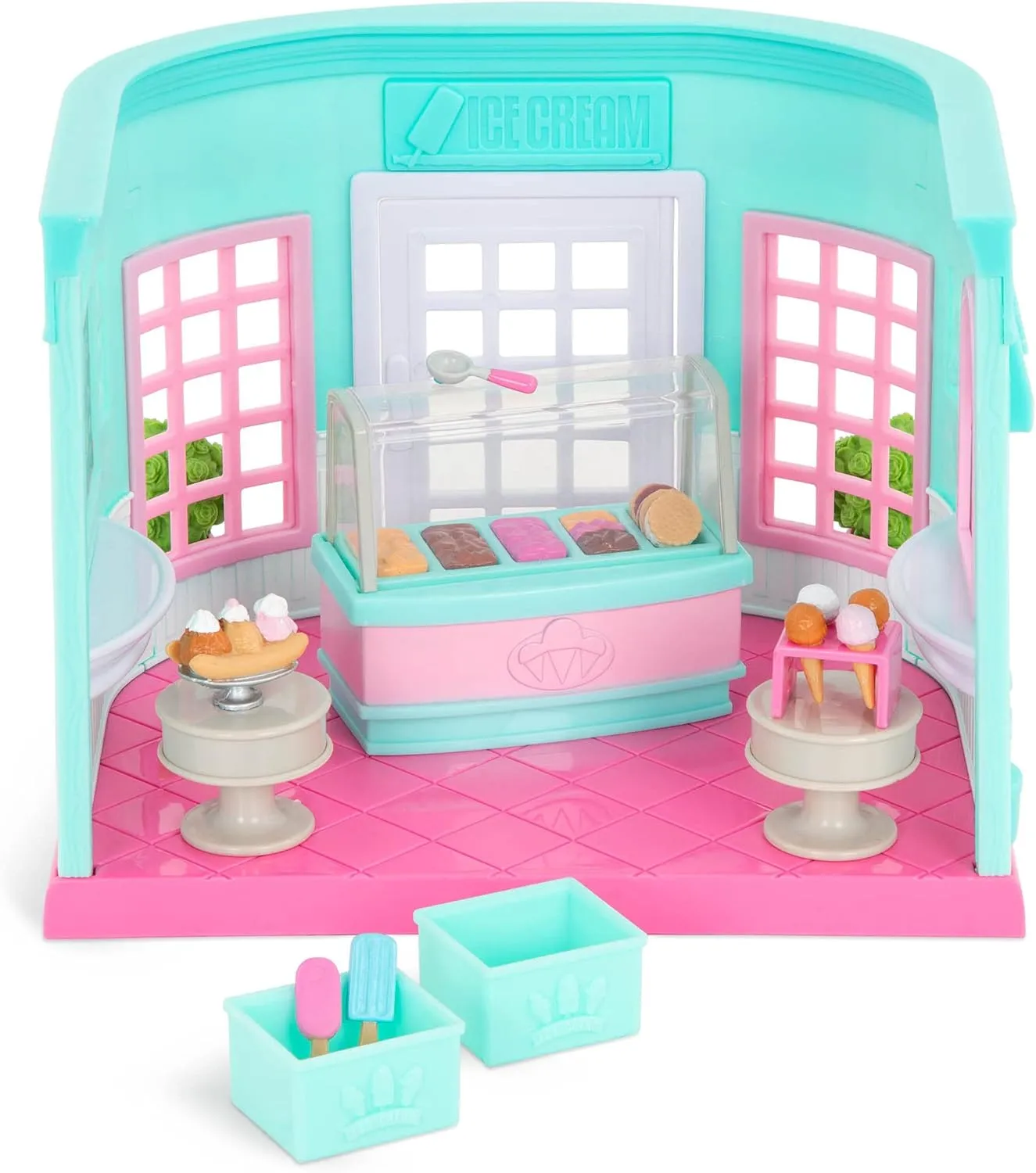 Li’l Woodzeez – Scoops & Sprinkles Ice Cream Shop – 21Pcs Dollhouse Playset – 2 Posable Doll Figures & 1 Storybook Included – Miniature Food & Accessories – Stackable Playset for Kids 3 