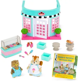 Li’l Woodzeez – Scoops & Sprinkles Ice Cream Shop – 21Pcs Dollhouse Playset – 2 Posable Doll Figures & 1 Storybook Included – Miniature Food & Accessories – Stackable Playset for Kids 3 