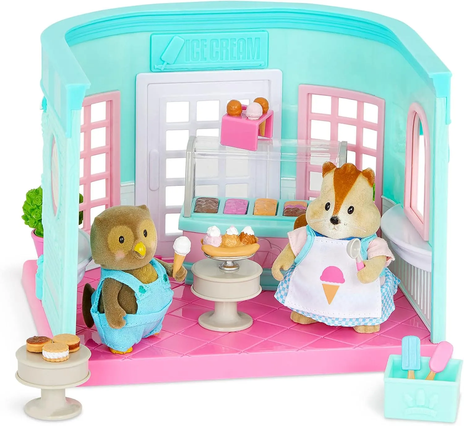 Li’l Woodzeez – Scoops & Sprinkles Ice Cream Shop – 21Pcs Dollhouse Playset – 2 Posable Doll Figures & 1 Storybook Included – Miniature Food & Accessories – Stackable Playset for Kids 3 