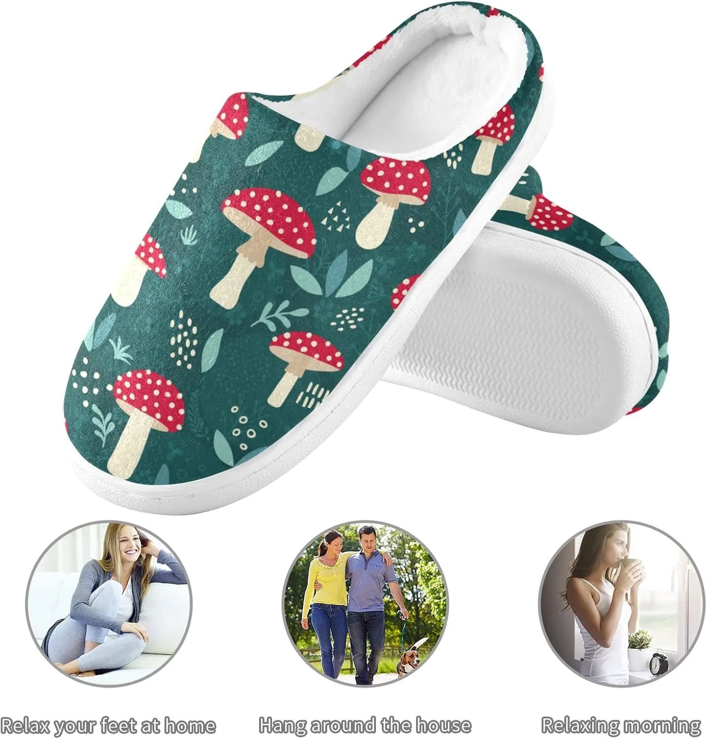 linqin Amanita Mushroom Seamless Pattern Design Womens Mens Cozy Fuzzy Slippers, Soft Warm Lightweight Memory Foam Anti-Slip House Indoor Outdoor Slippers