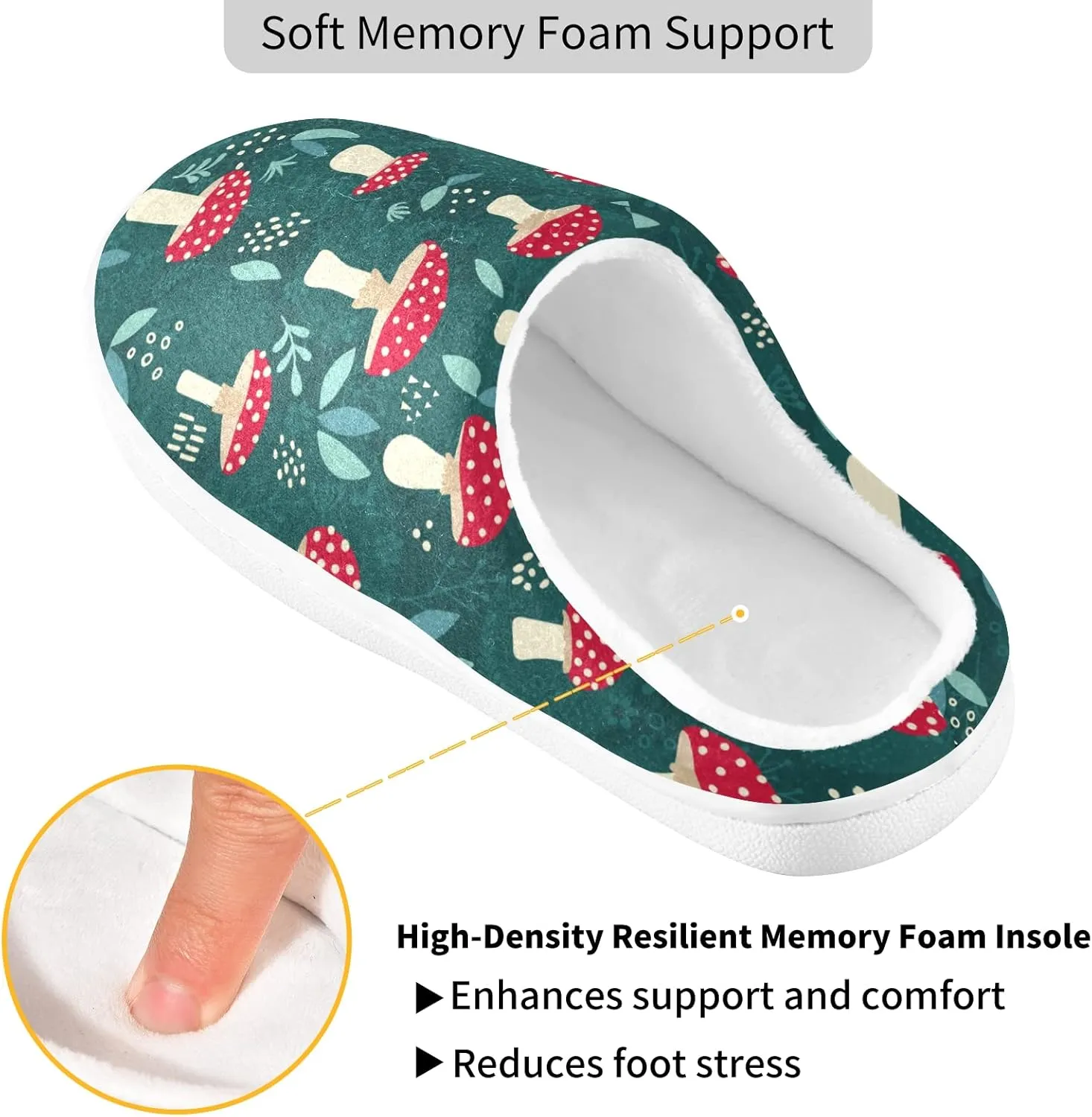 linqin Amanita Mushroom Seamless Pattern Design Womens Mens Cozy Fuzzy Slippers, Soft Warm Lightweight Memory Foam Anti-Slip House Indoor Outdoor Slippers
