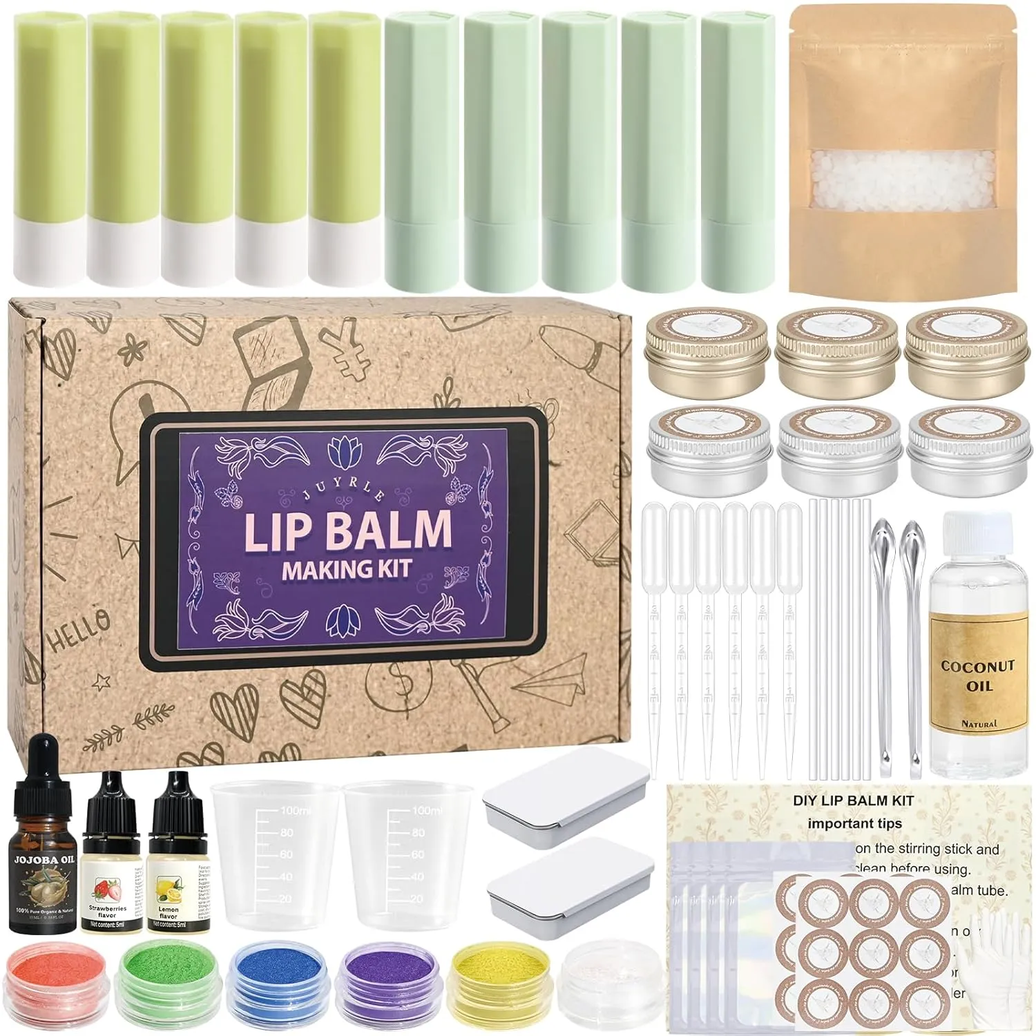 Lip Balm Making Kit- Coconut Lip Gloss Kit with Beeswax, Jojoba Oil, and Coconut Oil for Adults & Girls, Make Your Own Lip Balm– DIY Moisturizing Lip Care